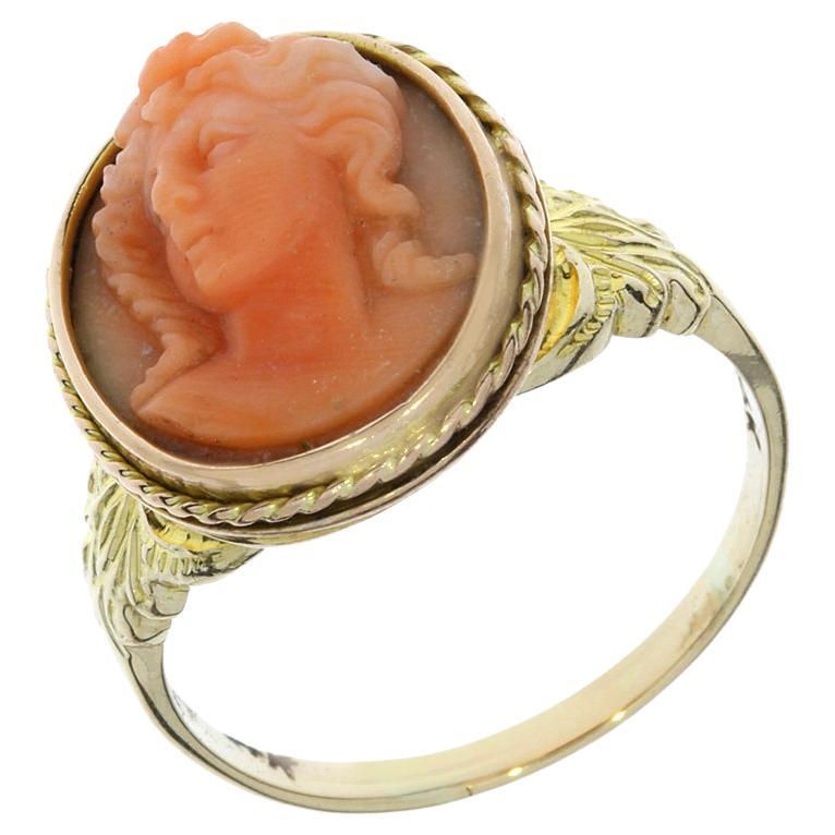 Vintage High Relief Coral Cameo 14K Ring For Sale