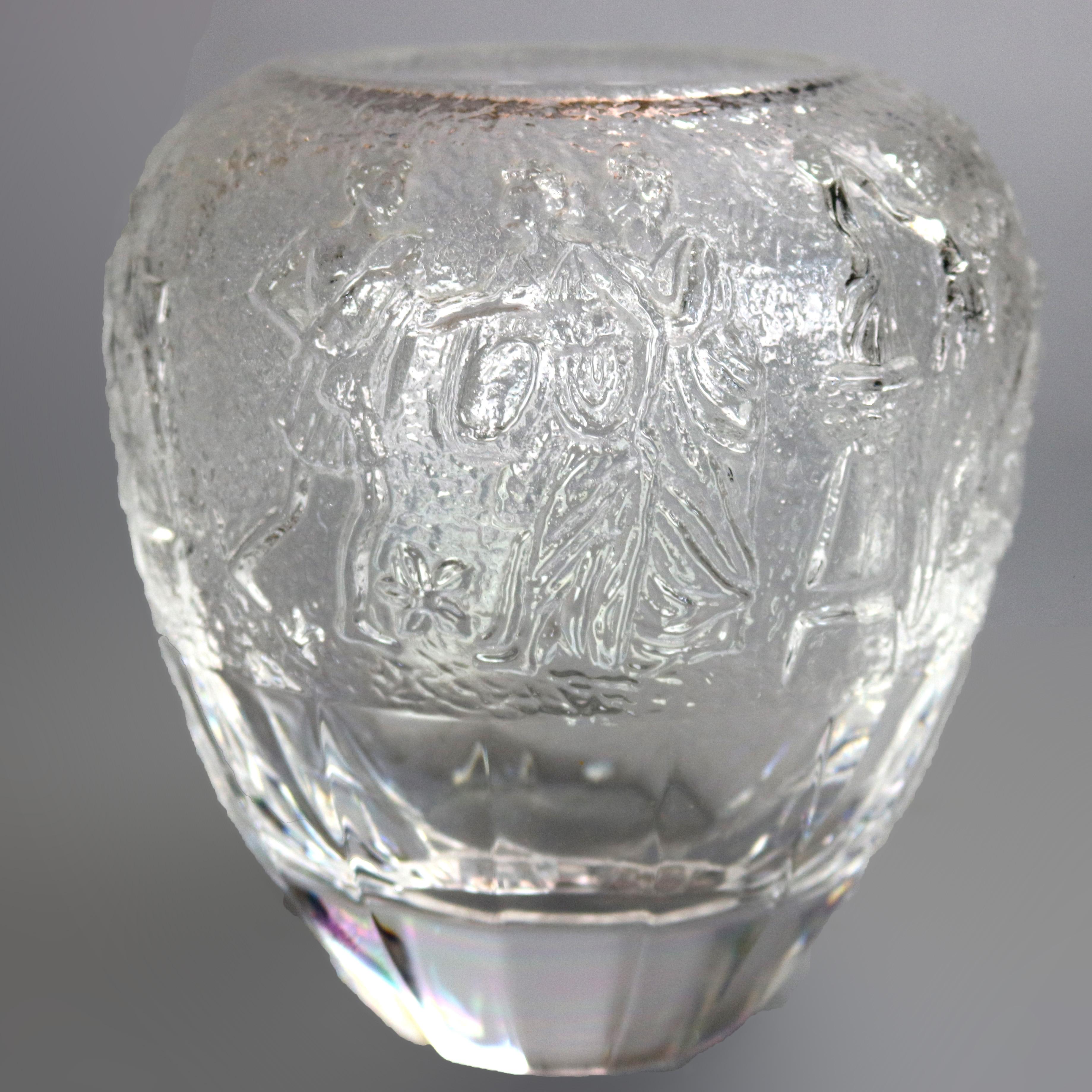 Vintage High Relief Glass Vase with Figures and Garden Elements, circa 1950 In Good Condition In Big Flats, NY
