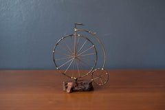 Vintage High Wheel Bicycle Metal Sculpture on Burl Wood Base