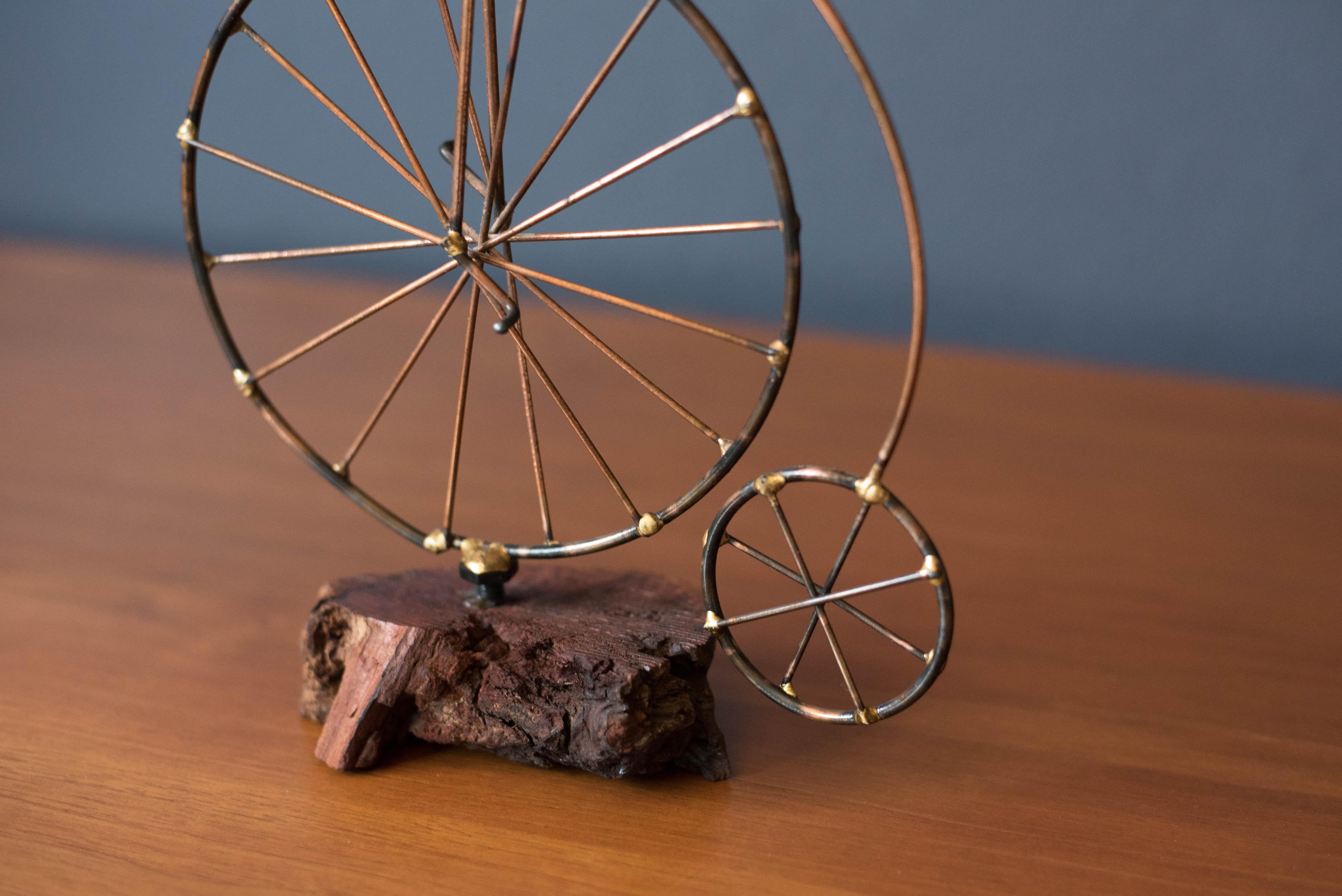 Mid-Century Modern Vintage High Wheel Bicycle Metal Sculpture on Burl Wood Base For Sale