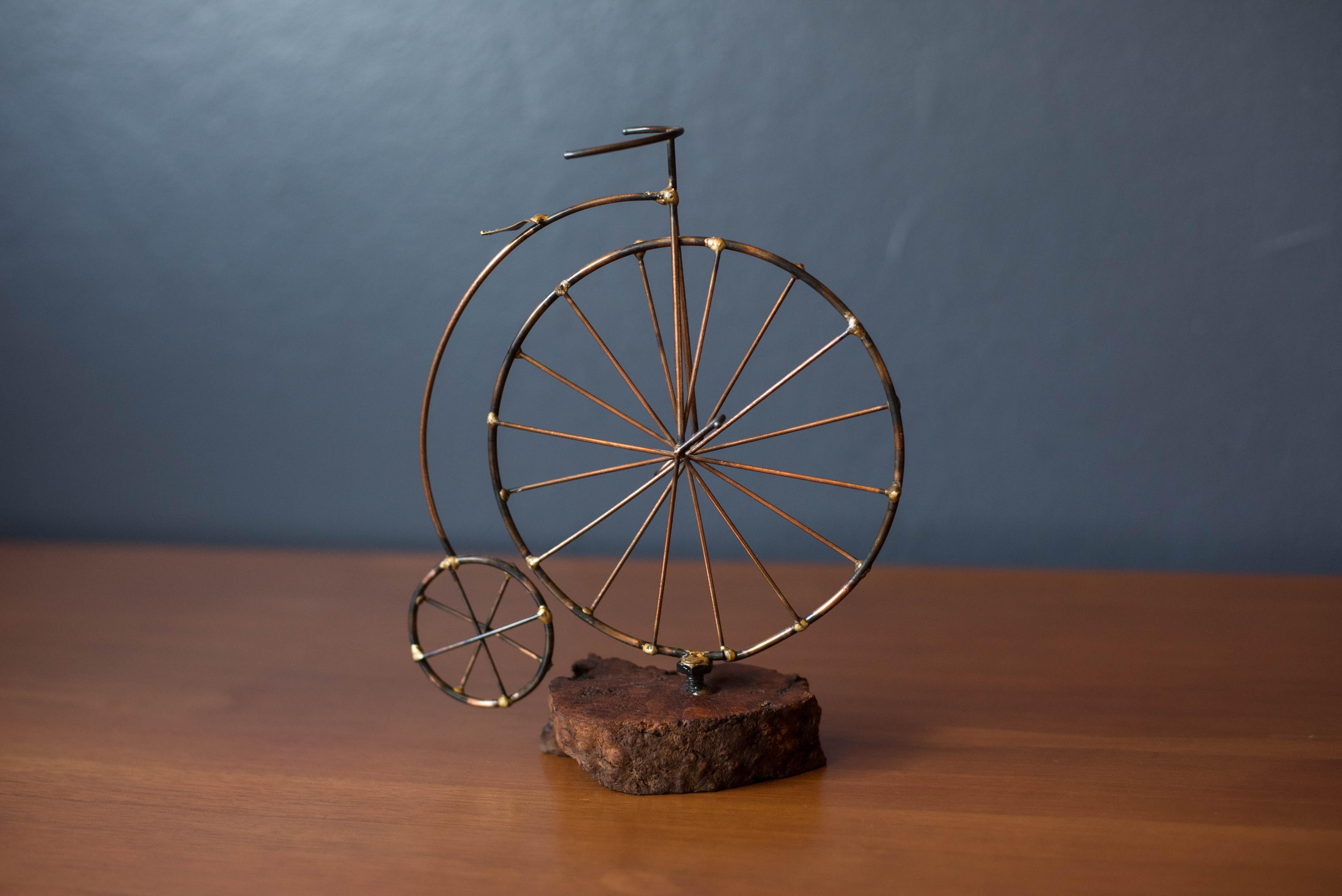 Vintage High Wheel Bicycle Metal Sculpture on Burl Wood Base For Sale 1