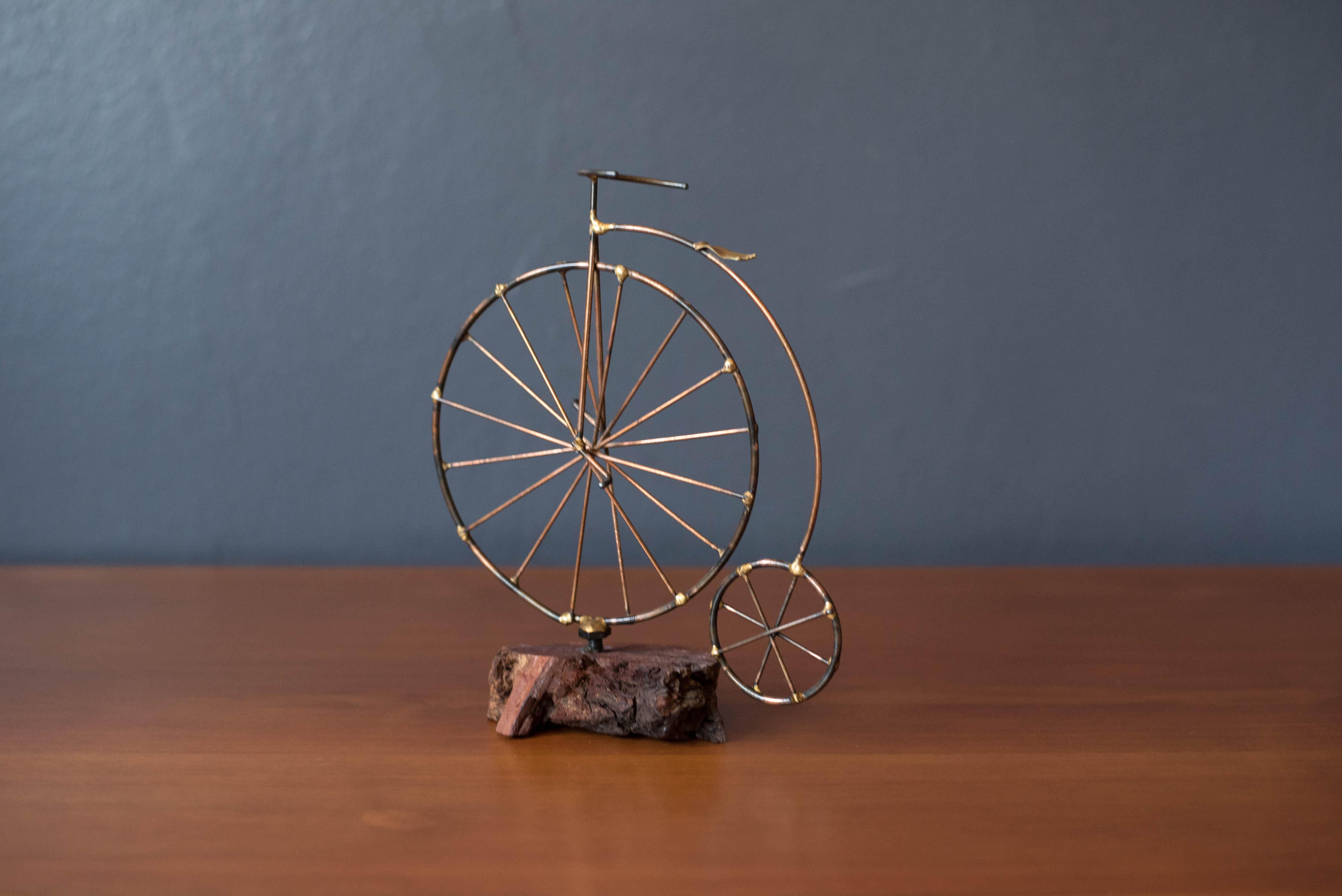 Vintage High Wheel Bicycle Metal Sculpture on Burl Wood Base For Sale 2