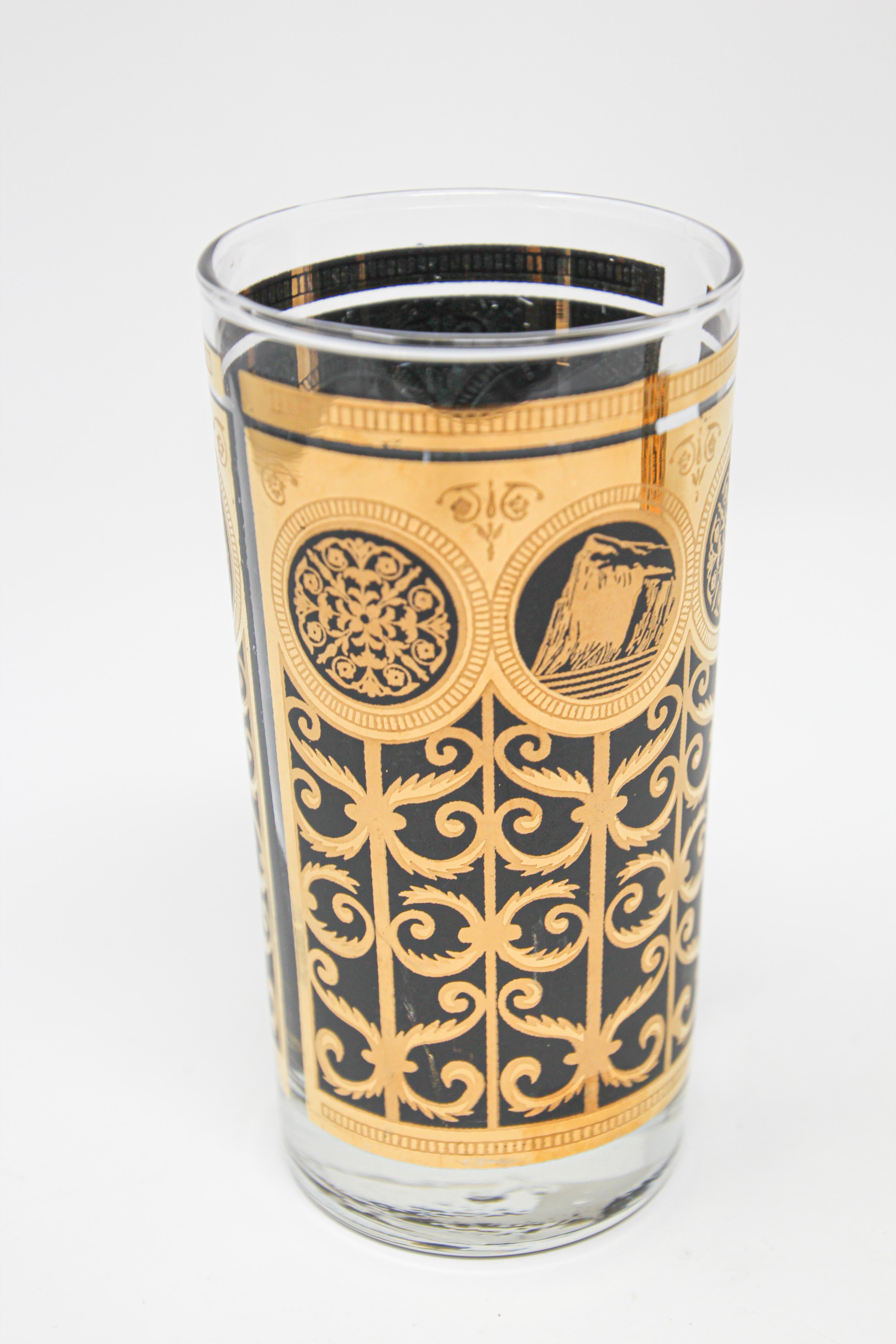 1960s Collectible Highball Black and Gold Barware Glasses by Fred Press. For Sale 1