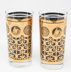 1960s Collectible Highball Black and Gold Barware Glasses by Fred Press.