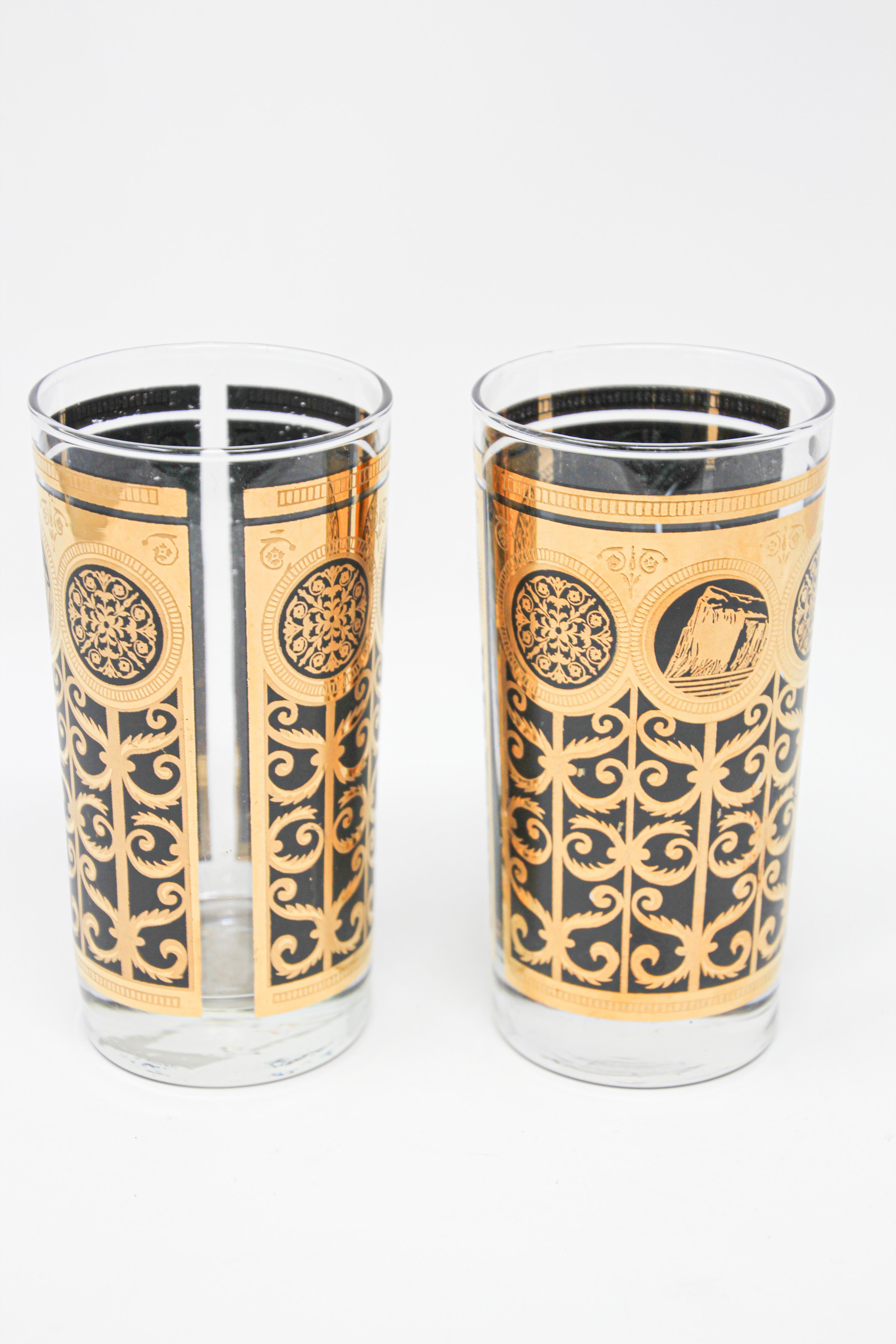 Américain Verres de bar de collection Highball noirs et or des années 1960 par Fred Press. en vente