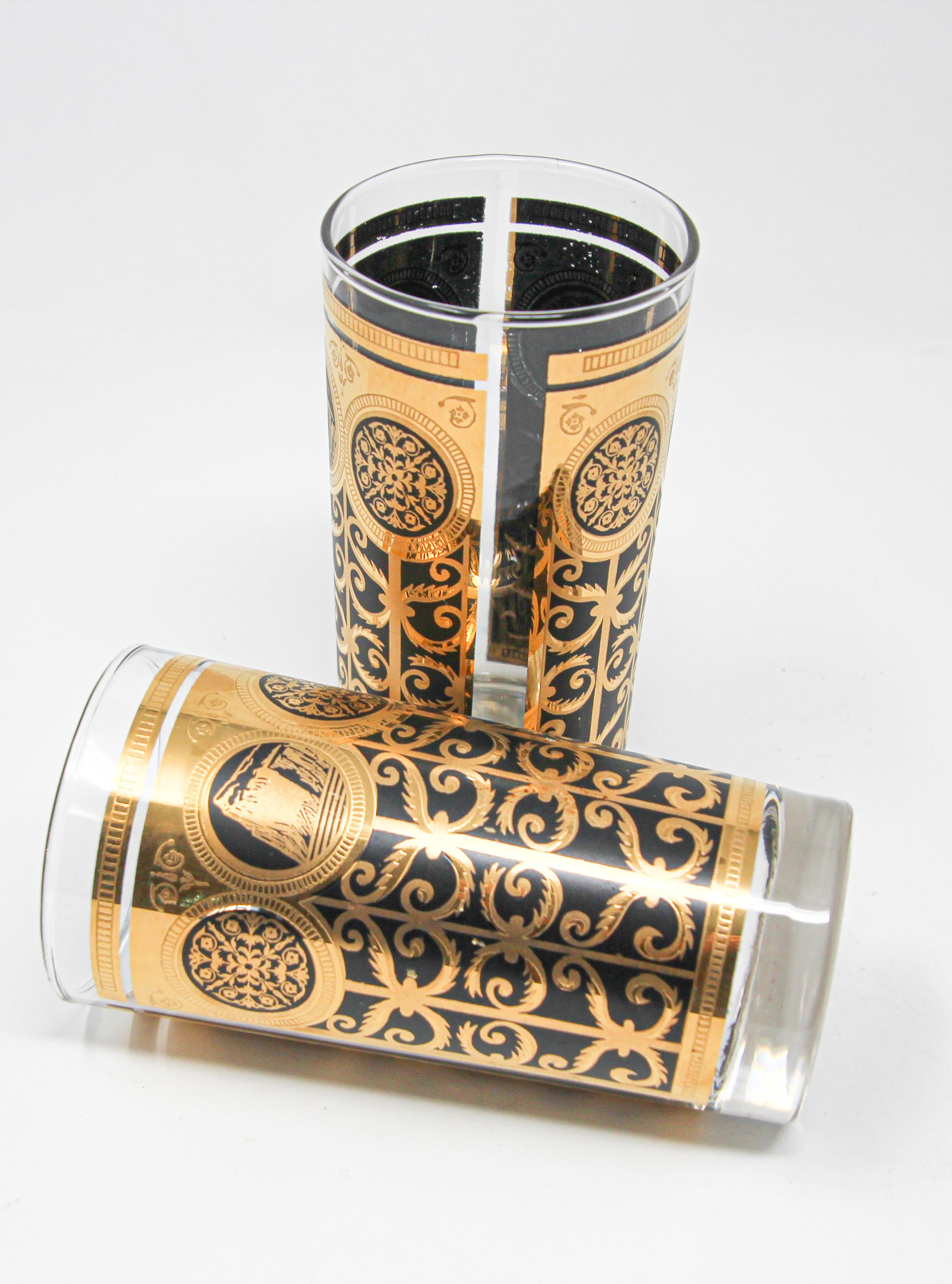 Mid-Century Modern 1960s Collectible Highball Black and Gold Barware Glasses by Fred Press. For Sale
