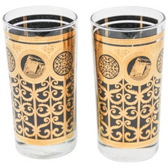 1960s Collectible Highball Black and Gold Barware Glasses by Fred Press.