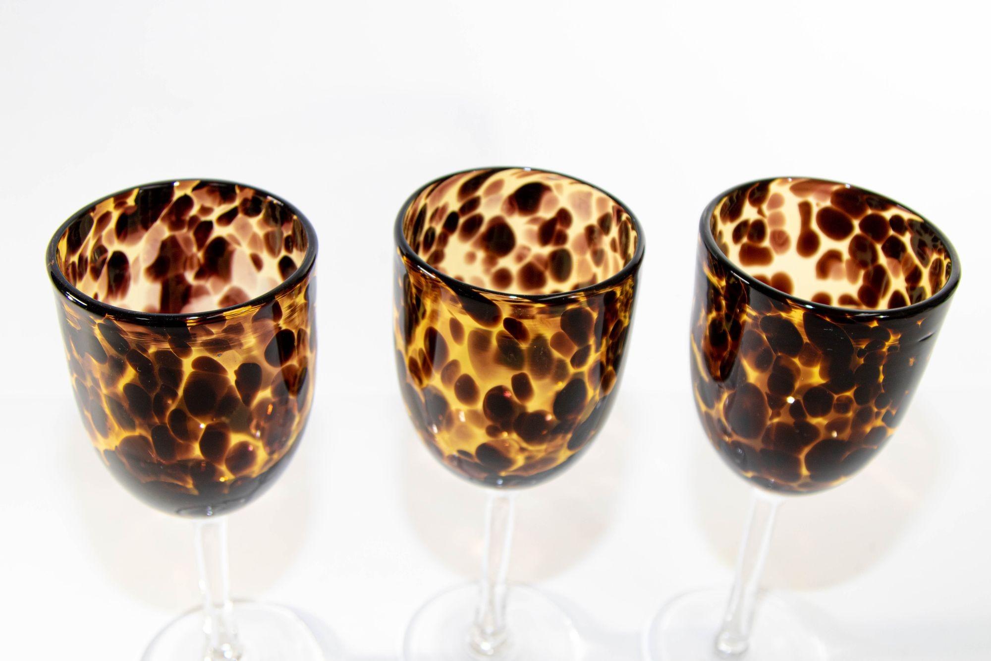 Hand-Crafted Vintage Highball Footed Glasses Amber Tortoise Shell Color Set of 3