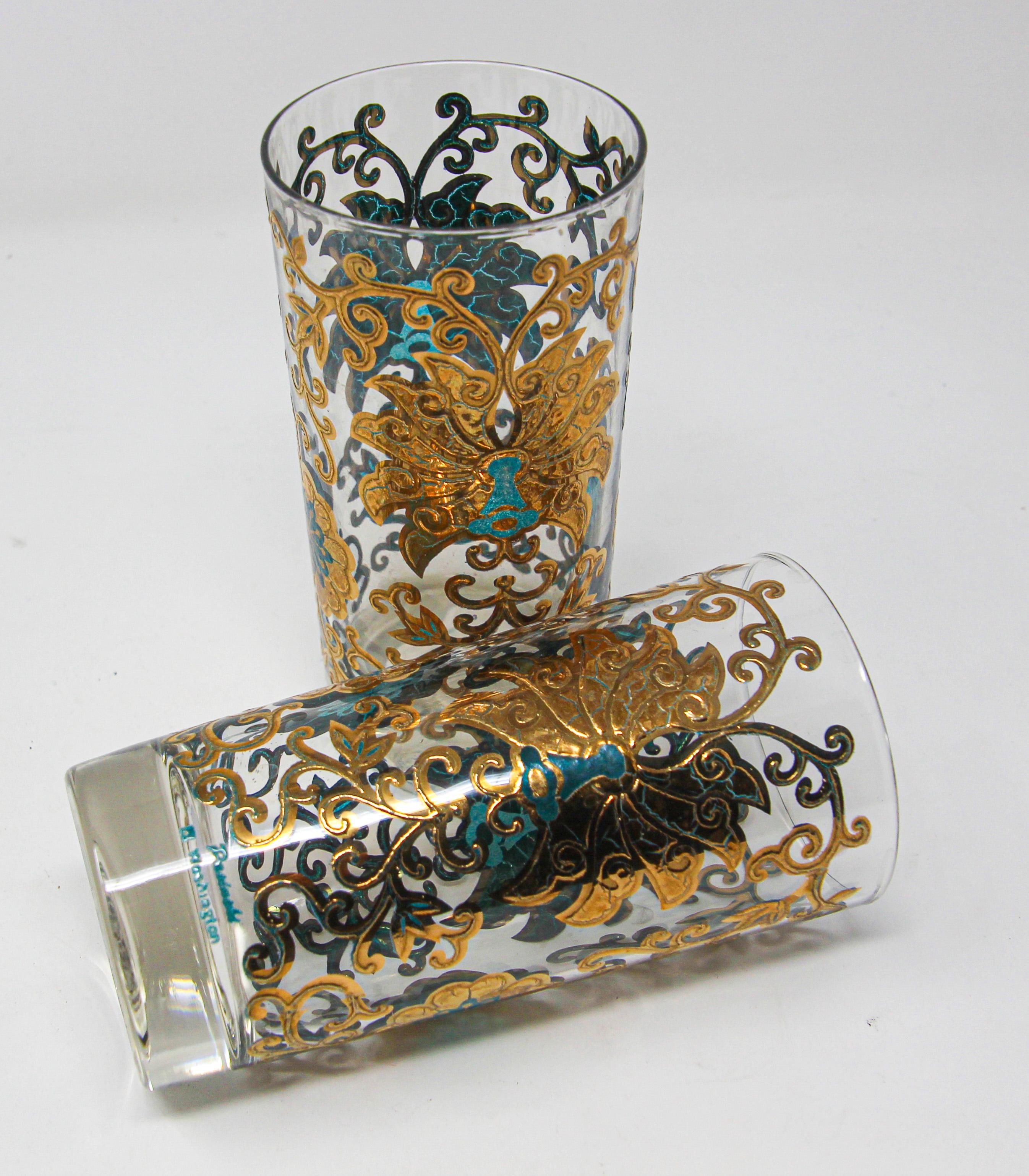Mid-Century Modern Vintage Highball Glasses Blue and Gold