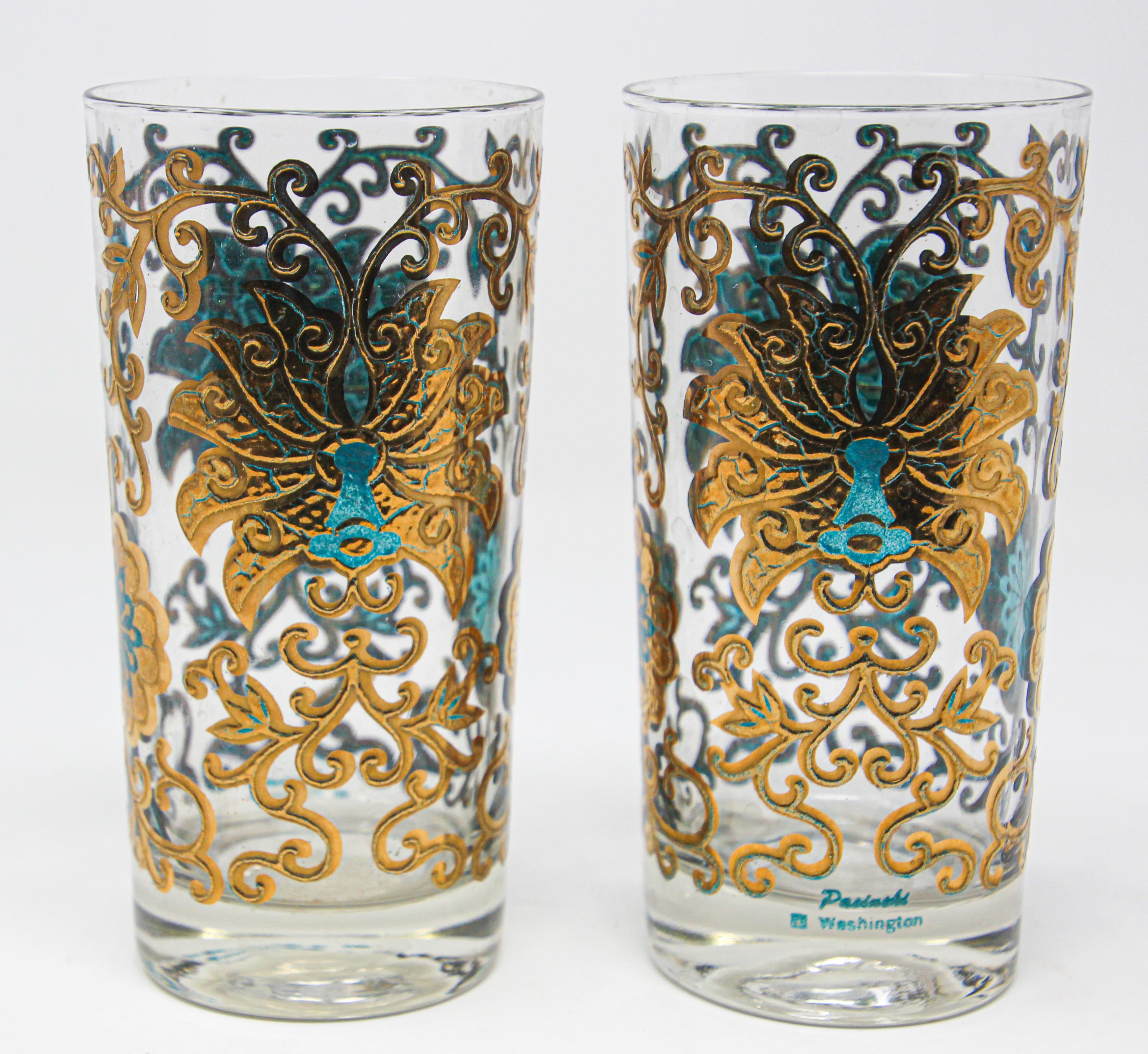 20th Century Vintage Highball Glasses Blue and Gold