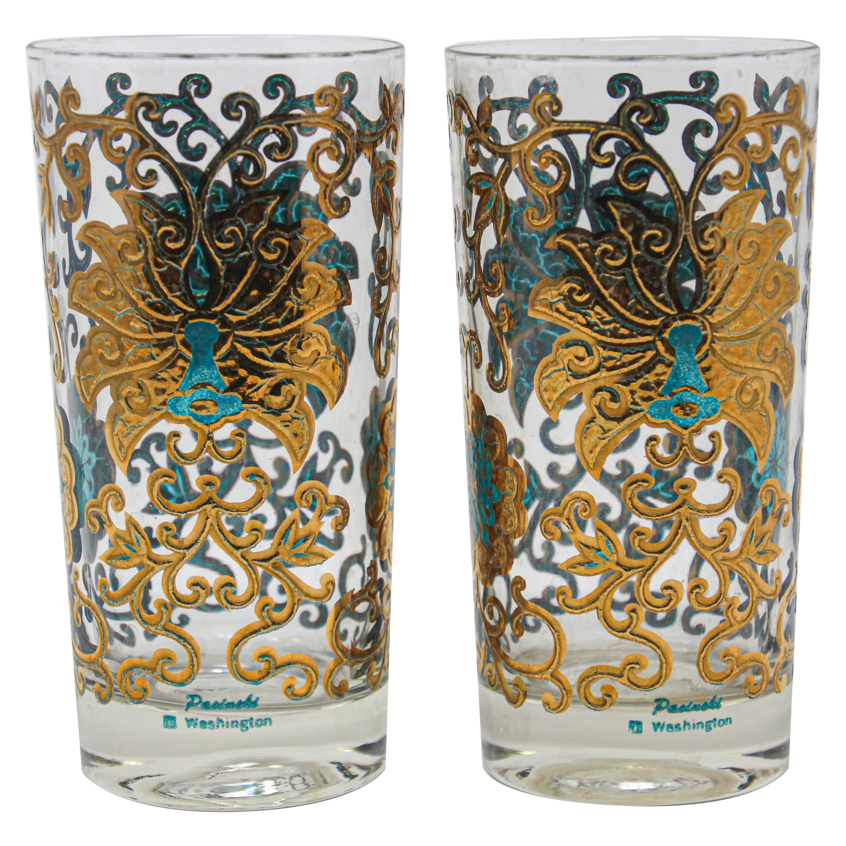 Vintage Highball Glasses Blue and Gold