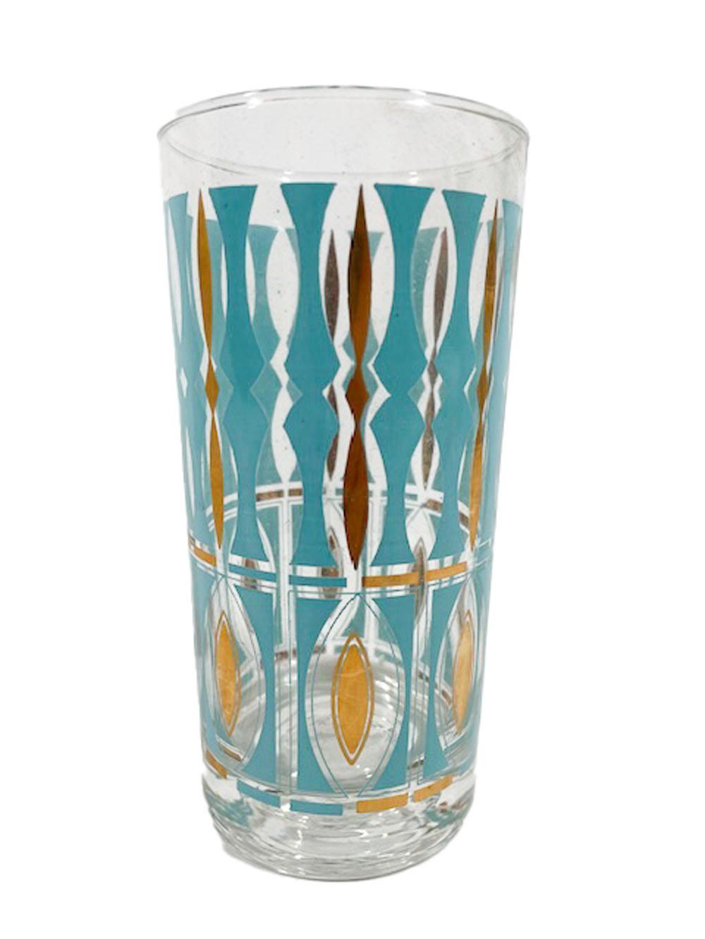 Vintage Highball Glasses by Anchor-Hocking in Aqua Enamel and 22 Karat Gold In Good Condition In Nantucket, MA