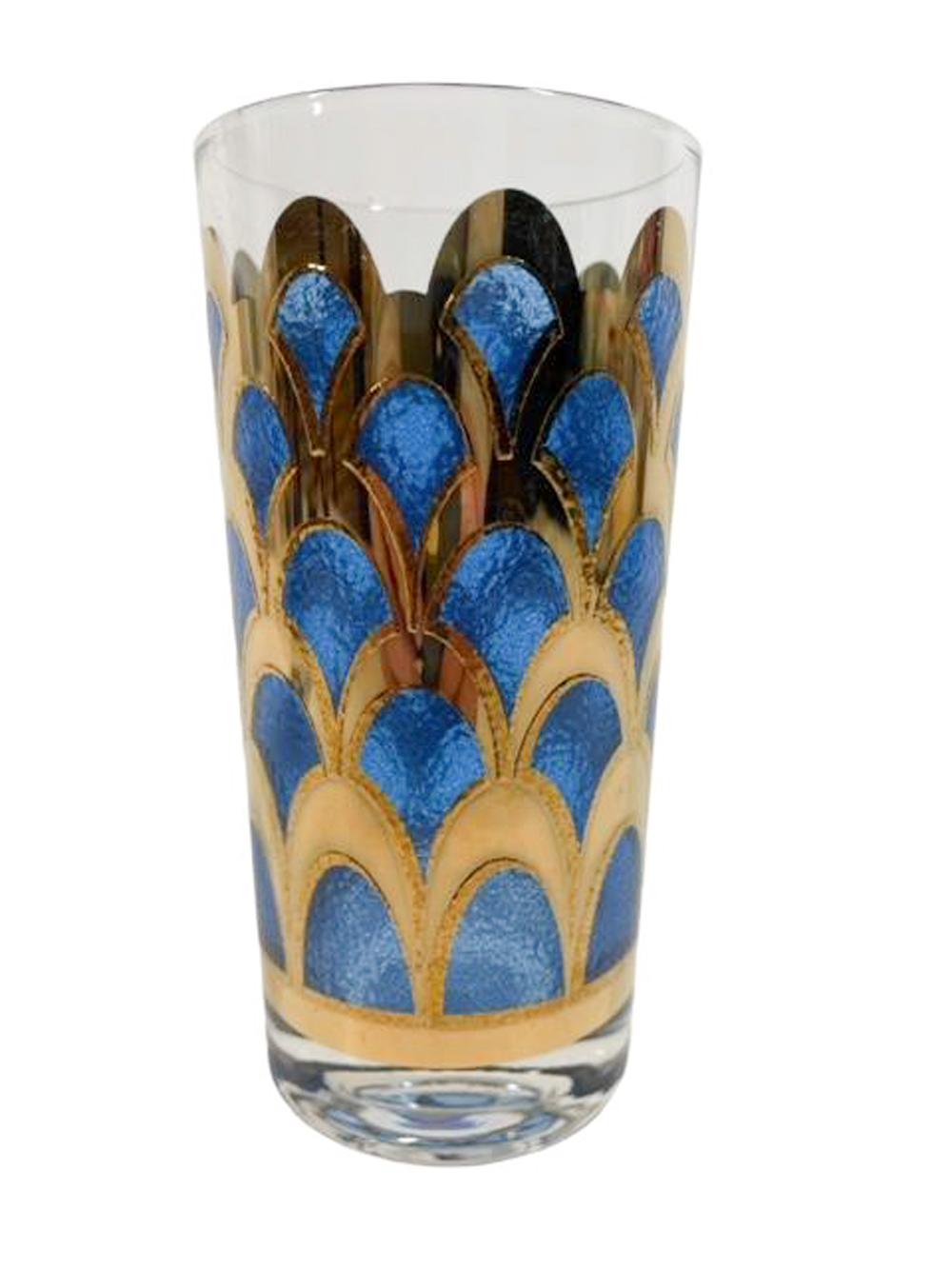 Mid-Century Modern Vintage Highball Glasses Designed by Irene Pasinski Translucent Blue & 22k Gold For Sale