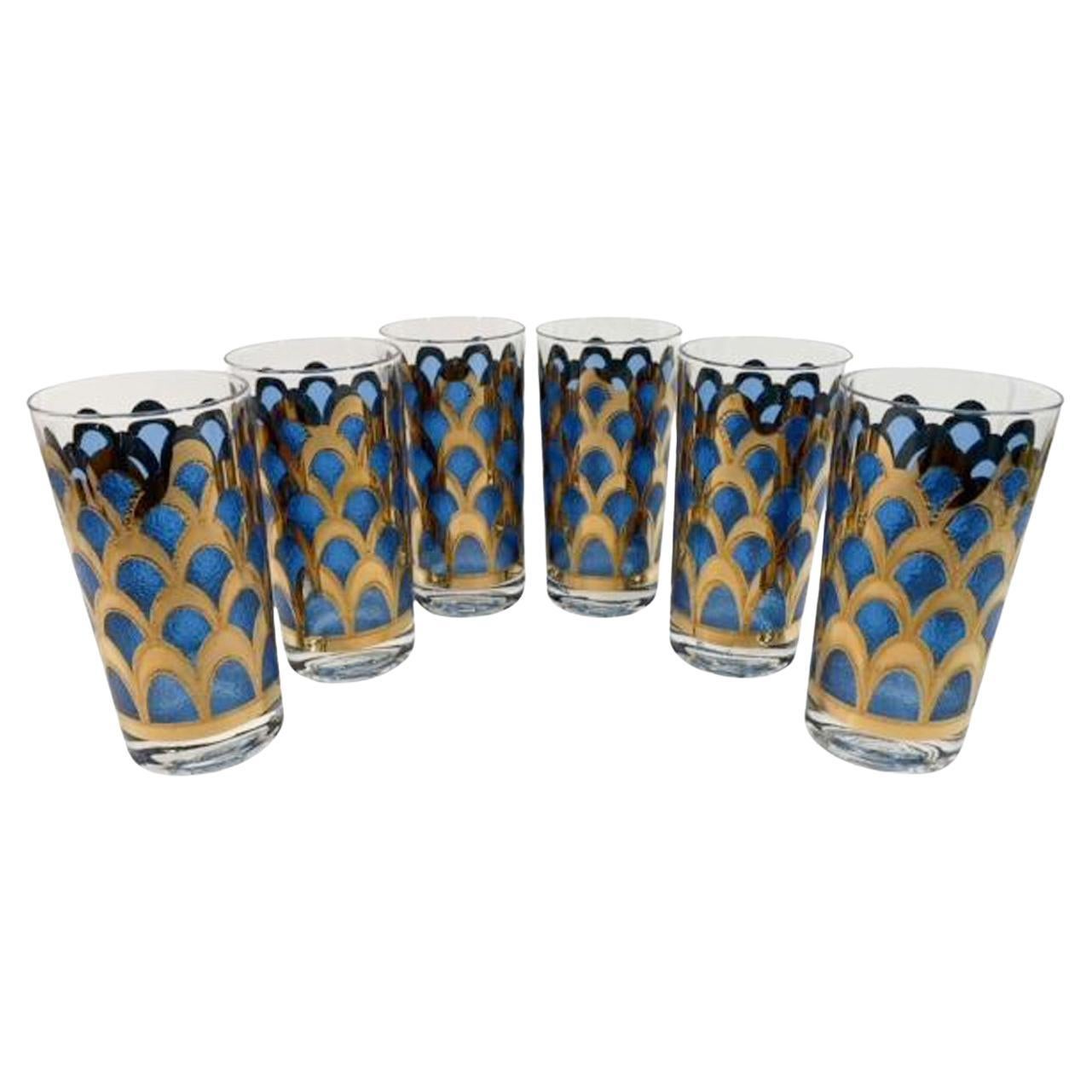 Vintage Highball Glasses Designed by Irene Pasinski Translucent Blue & 22k Gold