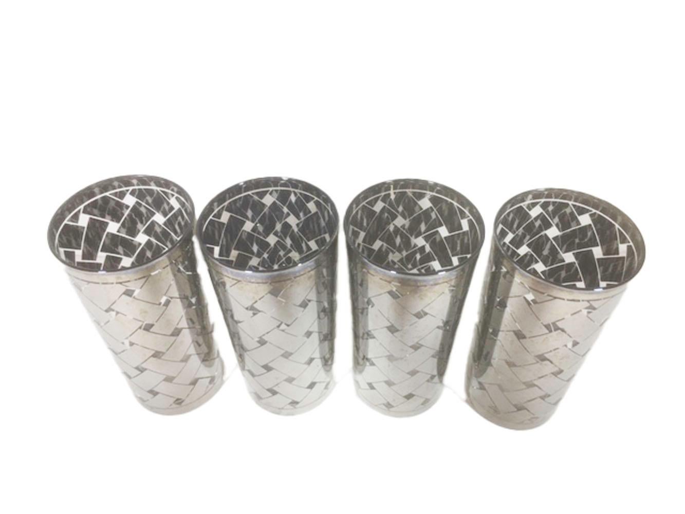 Mid-Century Modern Vintage Highball Glasses in a Graphic Silver Basket Weave Pattern For Sale