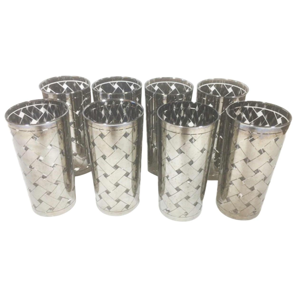 Vintage Highball Glasses in a Graphic Silver Basket Weave Pattern For Sale