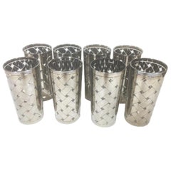 Vintage Highball Glasses in a Graphic Silver Basket Weave Pattern