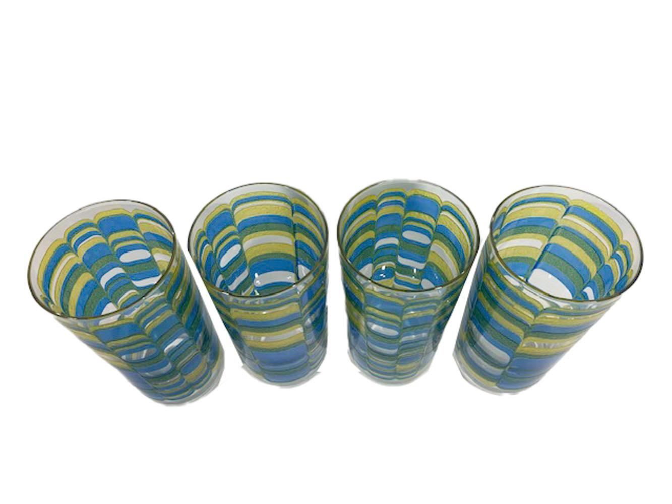 Six vintage highball glasses designed by Irene Pasinski for Washington Glass Company. Clear glass decorated in a geometric design with translucent blue and yellow enamels producing green where they overlap. Marked Pasinski - Washington with the