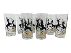 Vintage Highball Glasses with Black Enamel Antelopes with Gold Detail