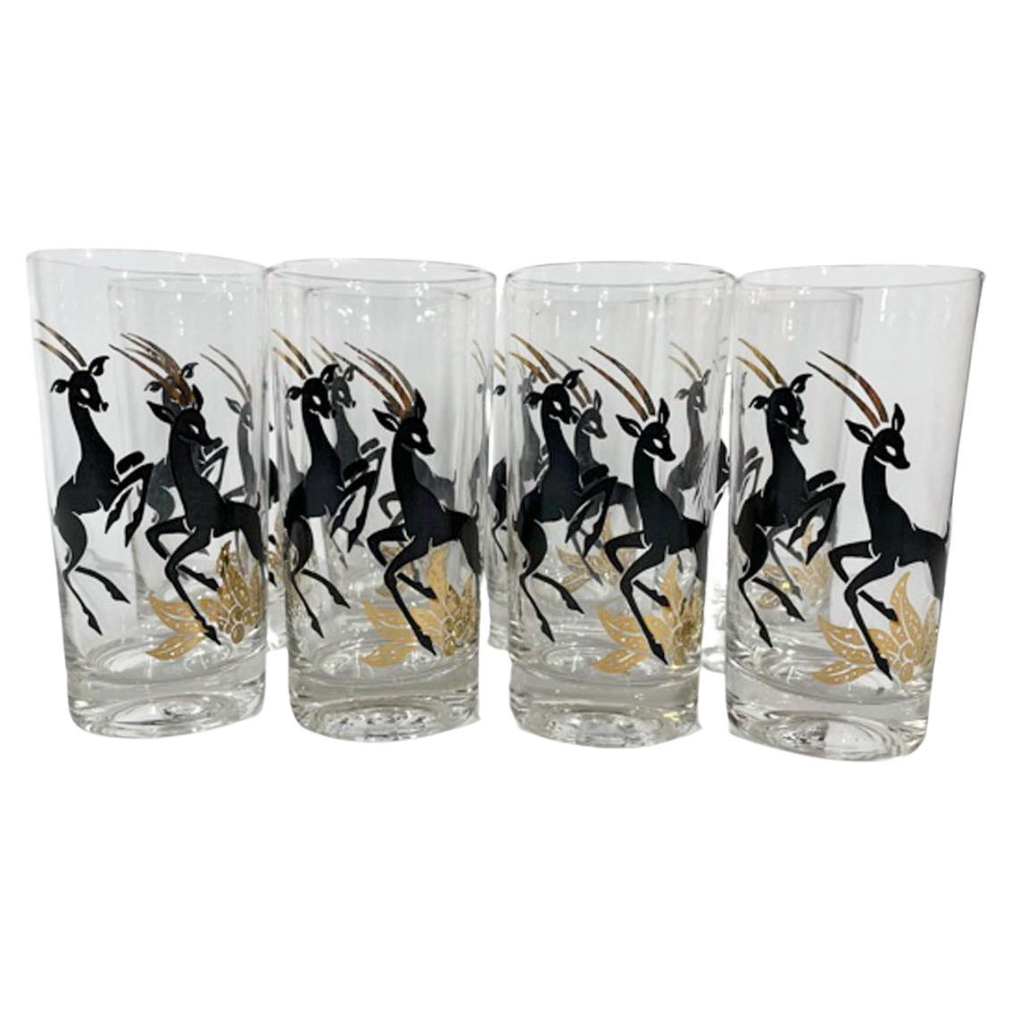 Vintage Highball Glasses with Black Enamel Antelopes with Gold Detail For Sale