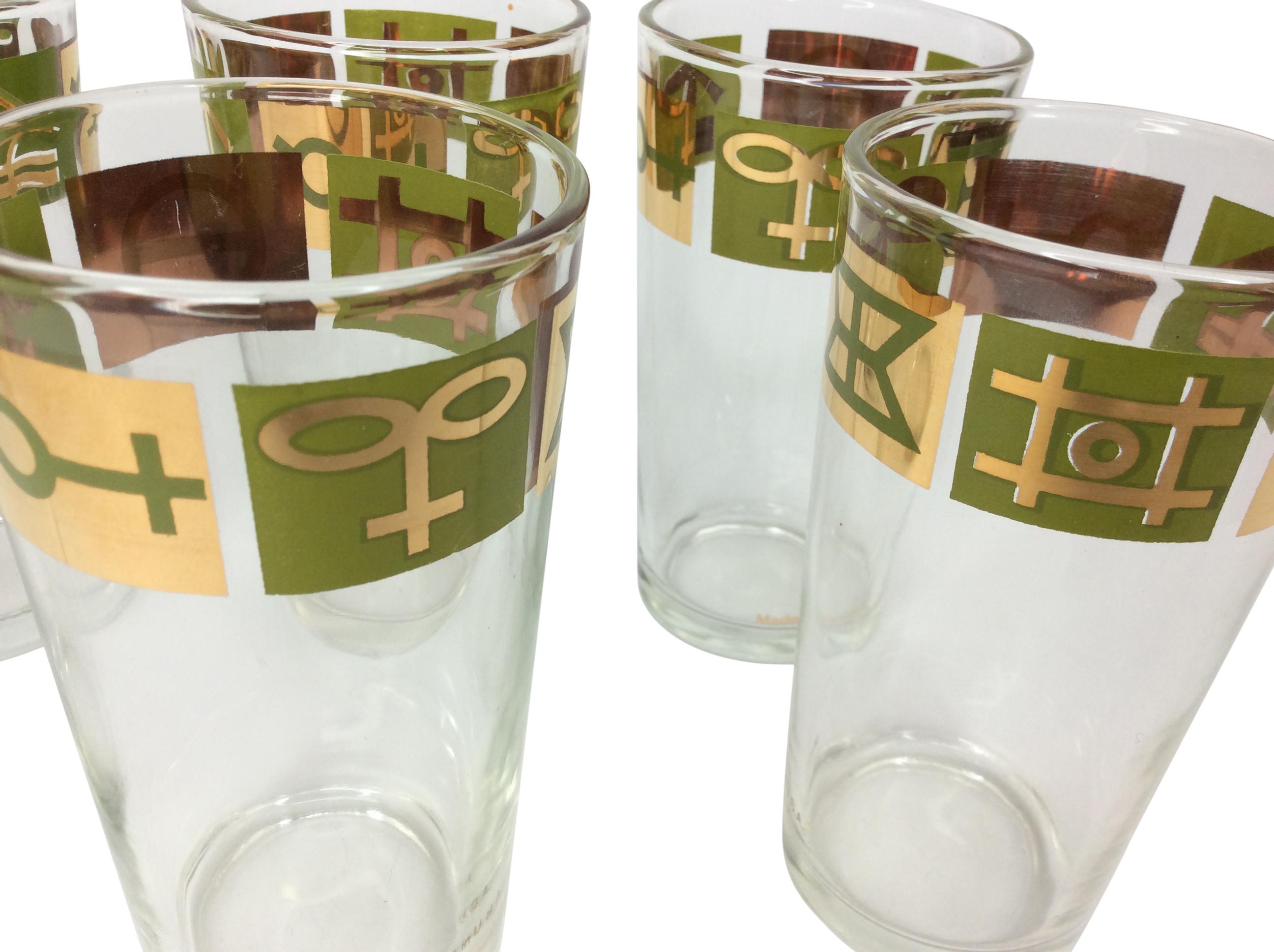 Set of 6 Vintage Highball Glasses With Stylized Egyptian Hieroglyphics Design. Signed made in USA. All in excellent vintage condition.