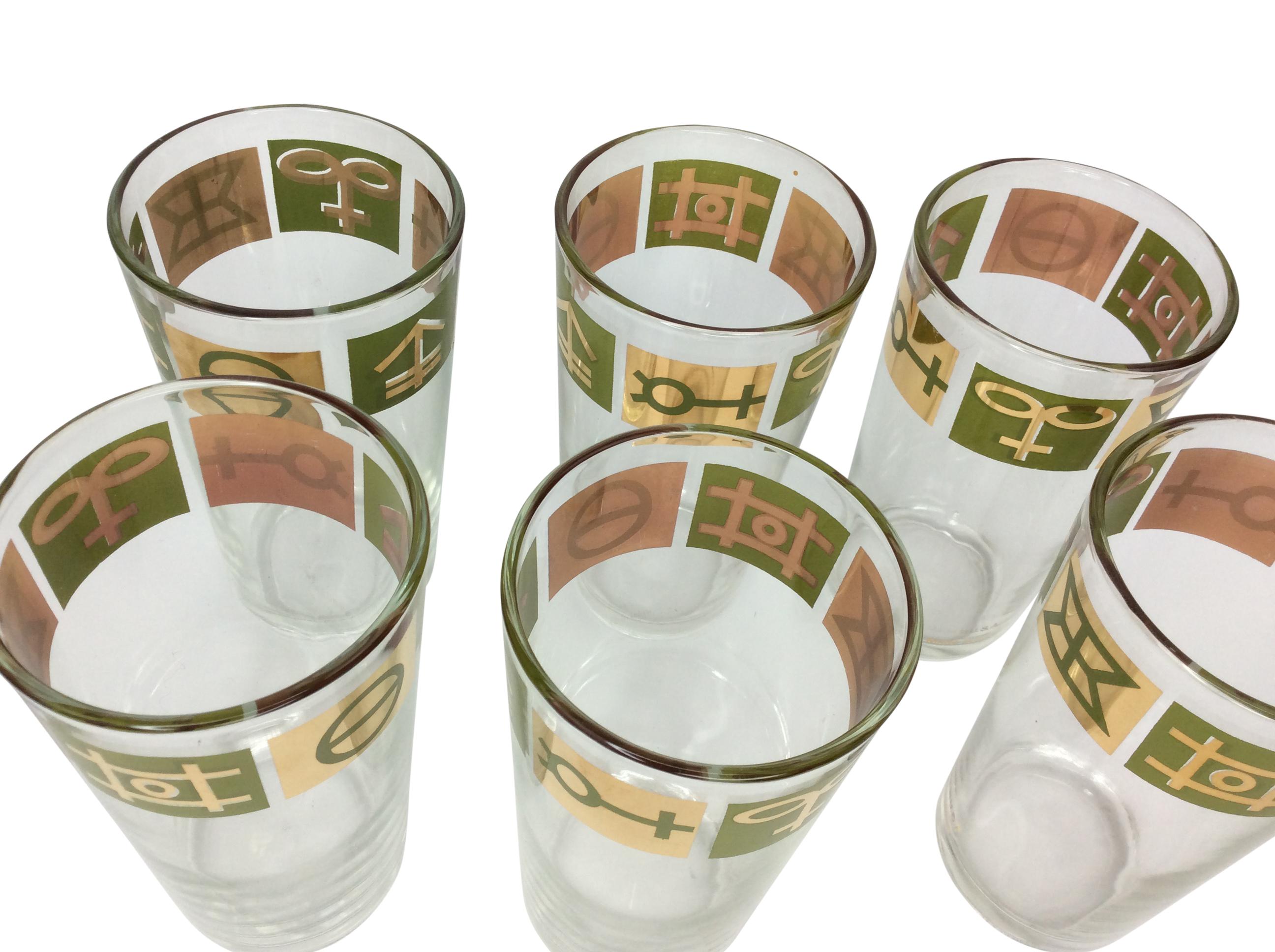 Mid-Century Modern Vintage Highball Glasses With Egyptian Hieroglyphics Design For Sale
