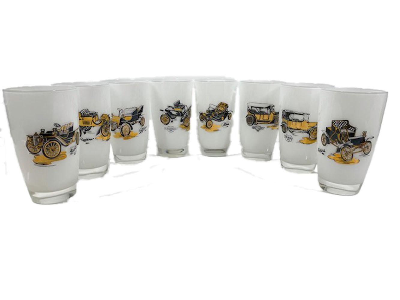 Mid-Century Modern Vintage Highball Glasses with Images of Antique Automobiles by Gay Fad For Sale