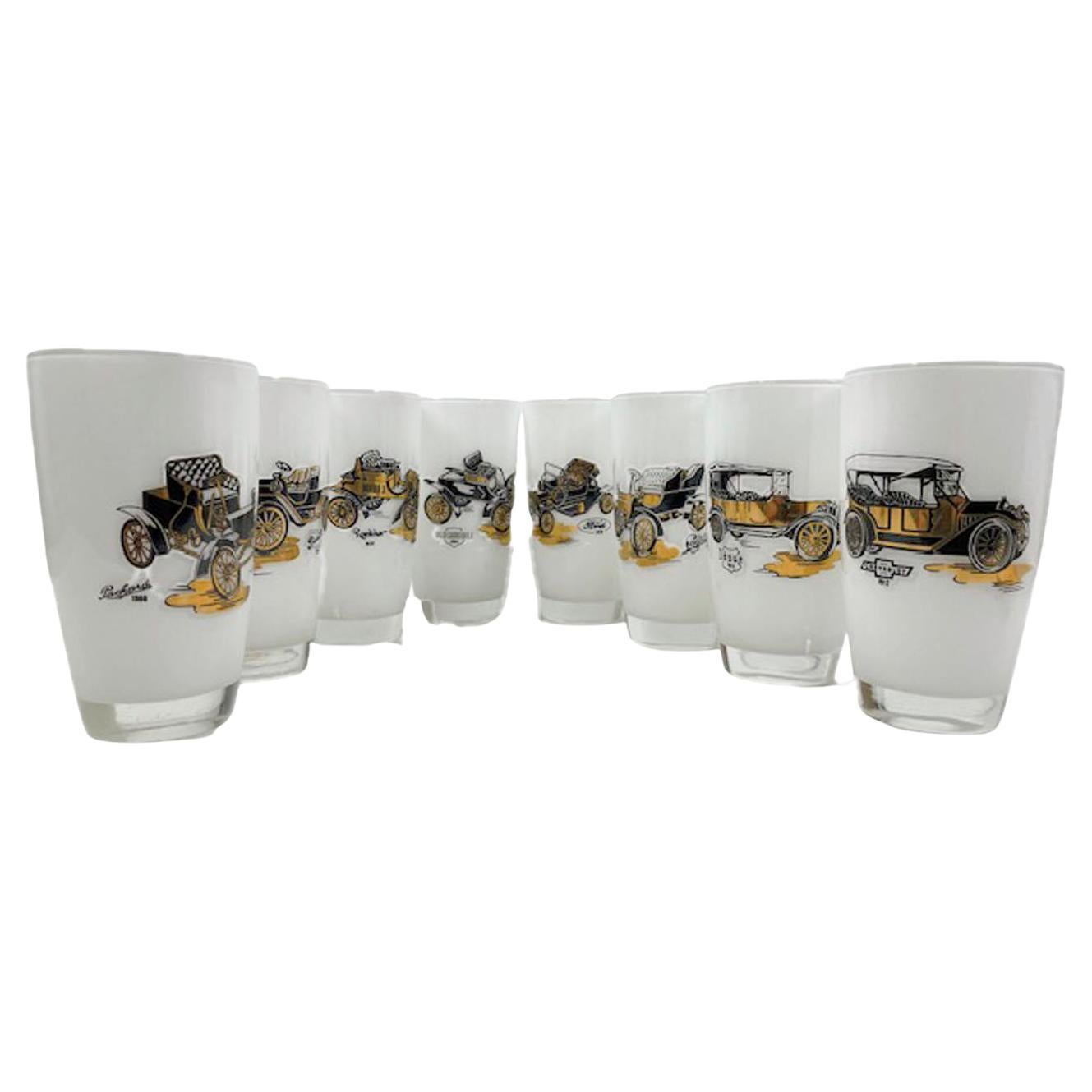 Vintage Highball Glasses with Images of Antique Automobiles by Gay Fad For Sale