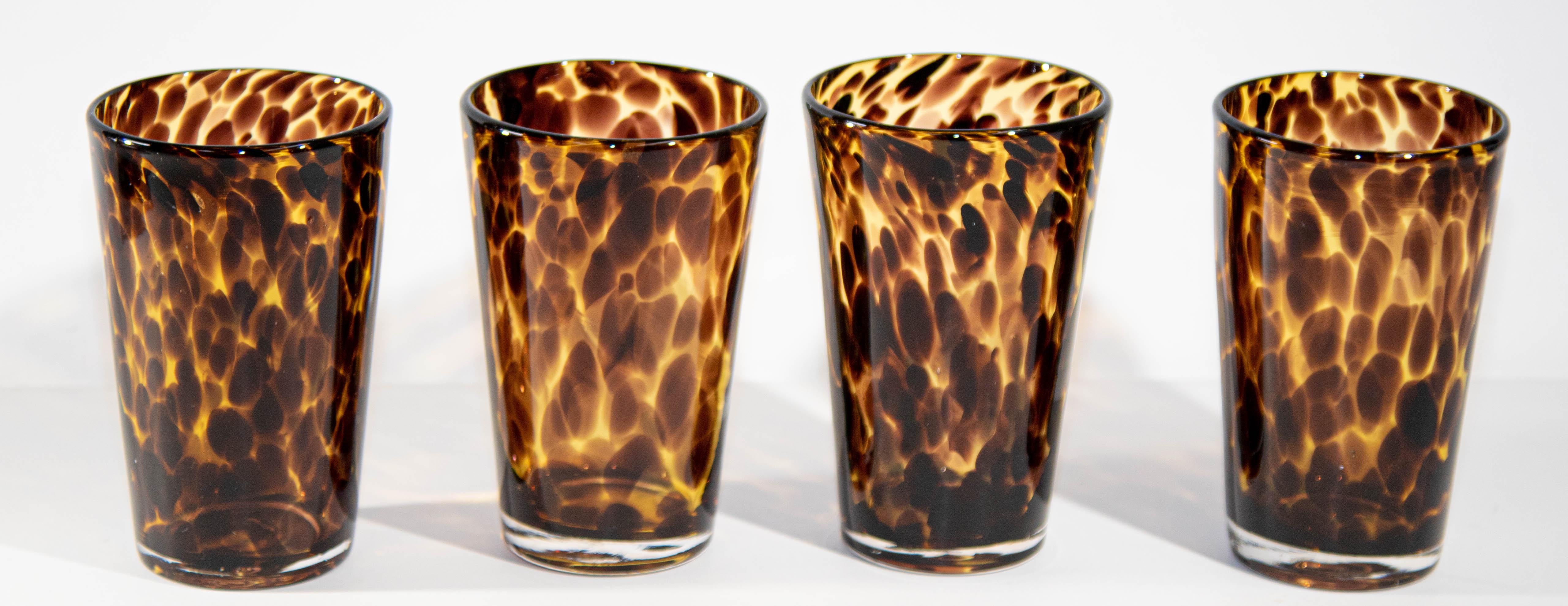 Hand-Crafted Vintage Highball Tumbler Drinking Glasses Amber Tortoise Shell Color Set of Four