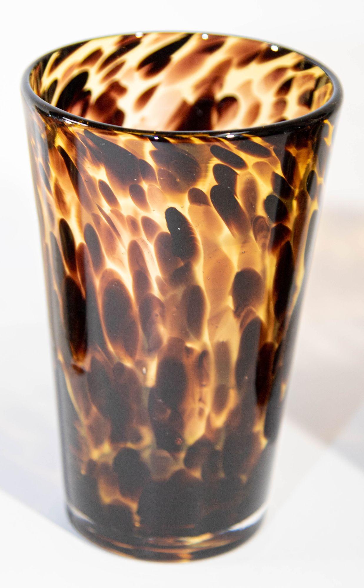 Art Glass Vintage Highball Tumbler Drinking Glasses Amber Tortoise Shell Color Set of Four