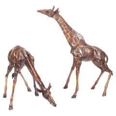 Vintage Highly Detailed Pair of Large Bronze Giraffes Late 20th Century