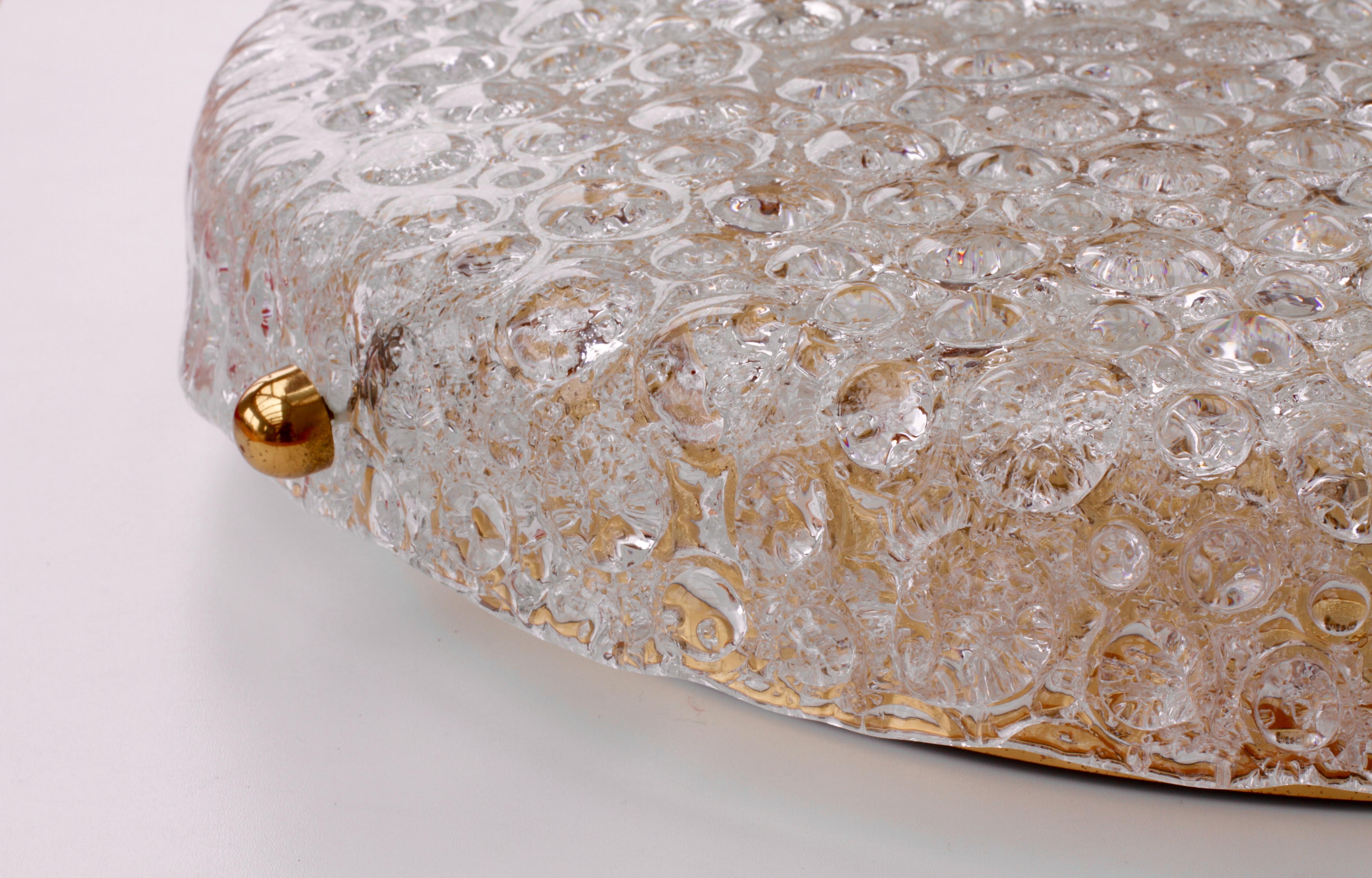 Molded Vintage Hillebrand Huge Textured Murano Bubble Glass & Brass Flush Mount Light For Sale