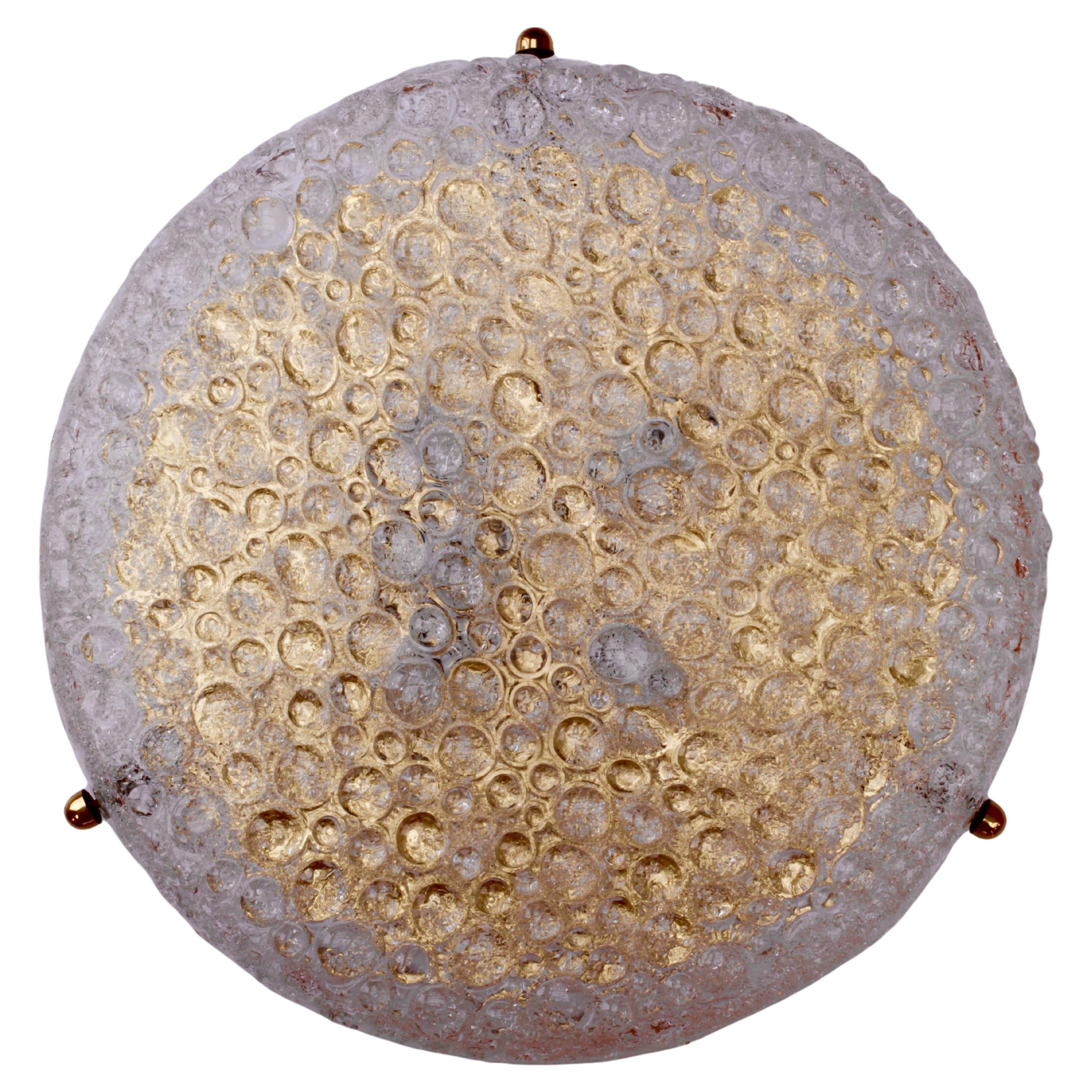 Vintage Hillebrand Huge Textured Murano Bubble Glass & Brass Flush Mount Light For Sale