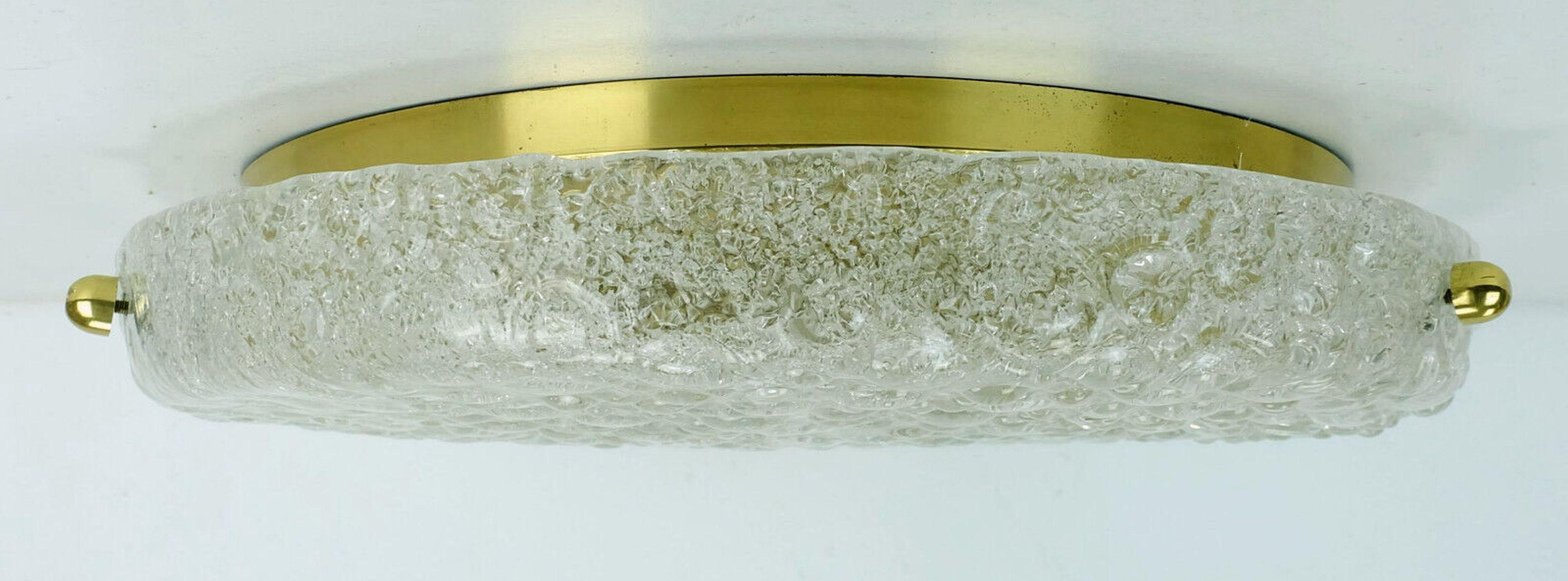 Mid-Century Modern Vintage Hillebrand Ice Glass Bubble Glass Brass Ceiling Fixture, 1960s 1970s