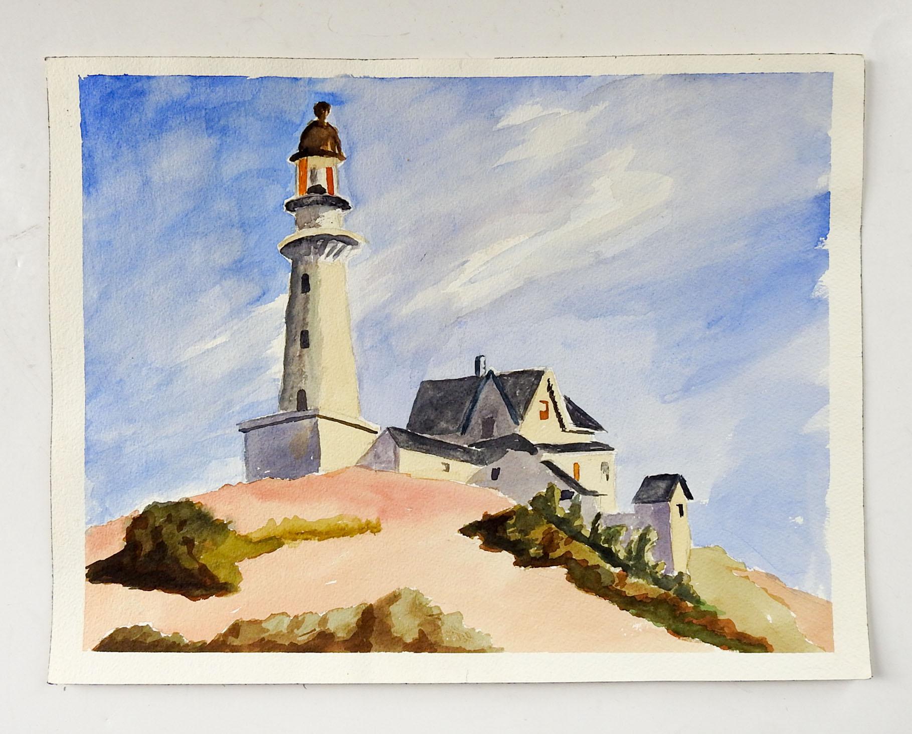 Vintage watercolor on paper painting of a lighthouse high on a hill or cliff. Unsigned. Unframed.