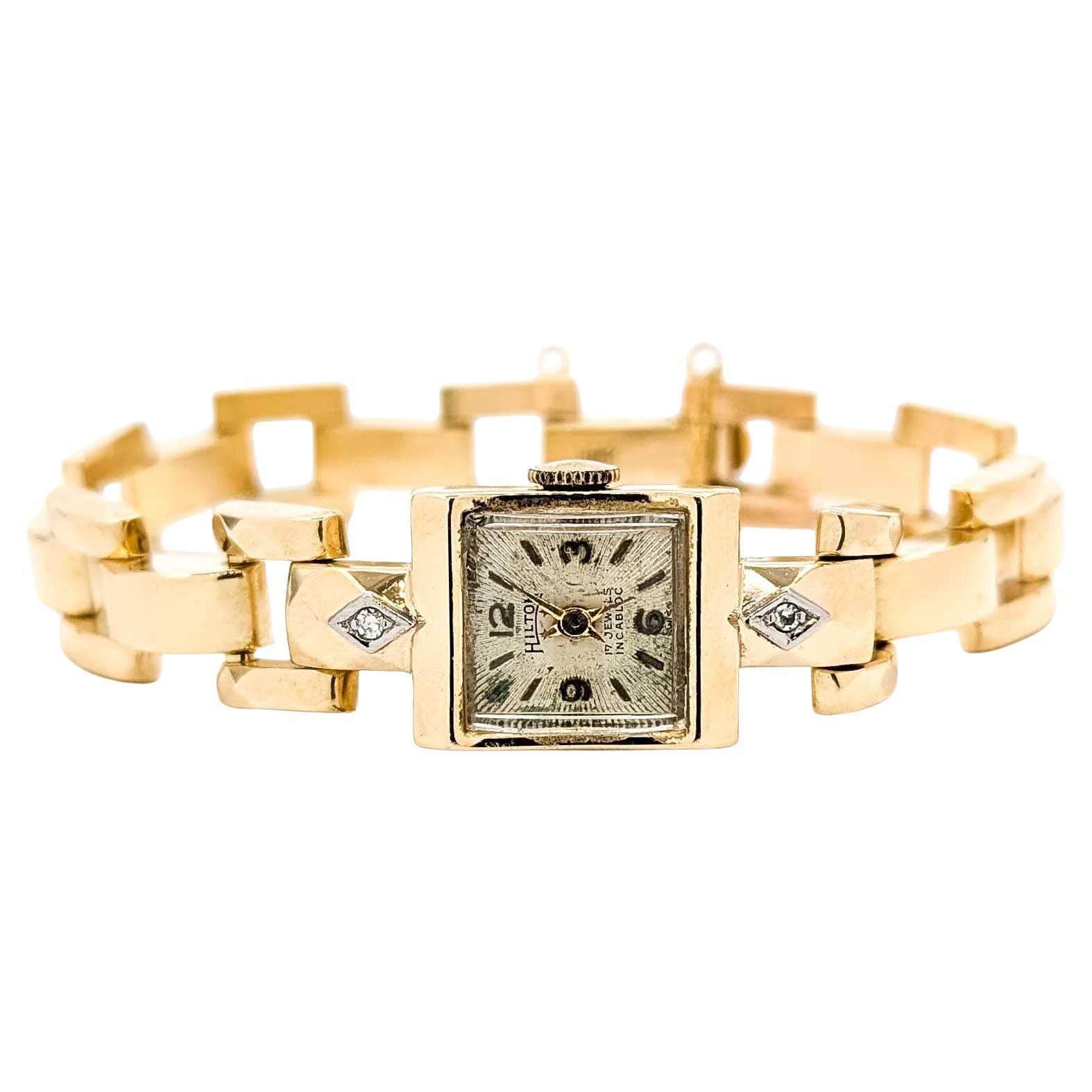 Vintage Hilton 14k Yellow Gold Wind-Up Wristwatch with Diamond Accents For Sale