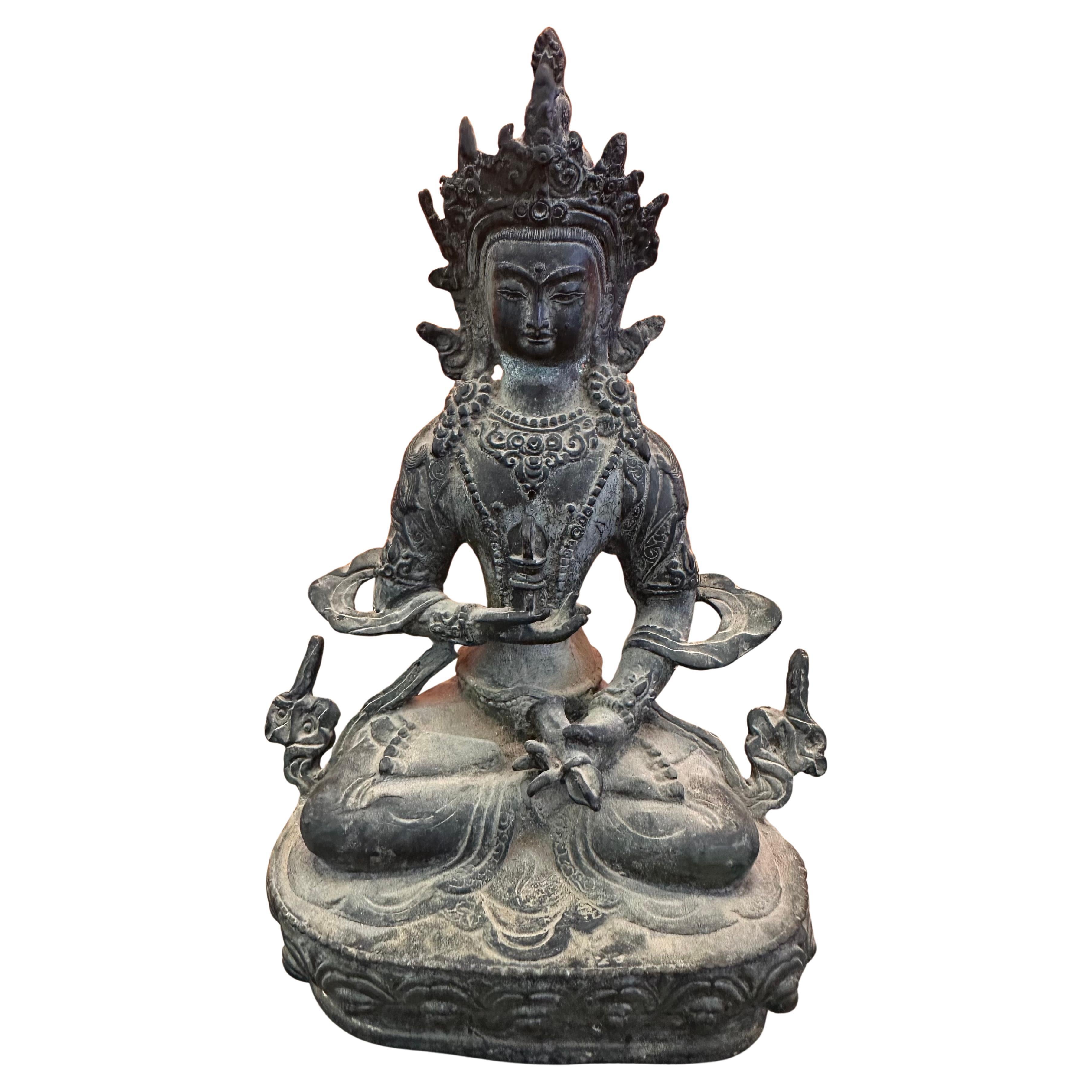 Vintage Himalayan Bronze Seated Bodhisattva Sculpture on Lotus Base