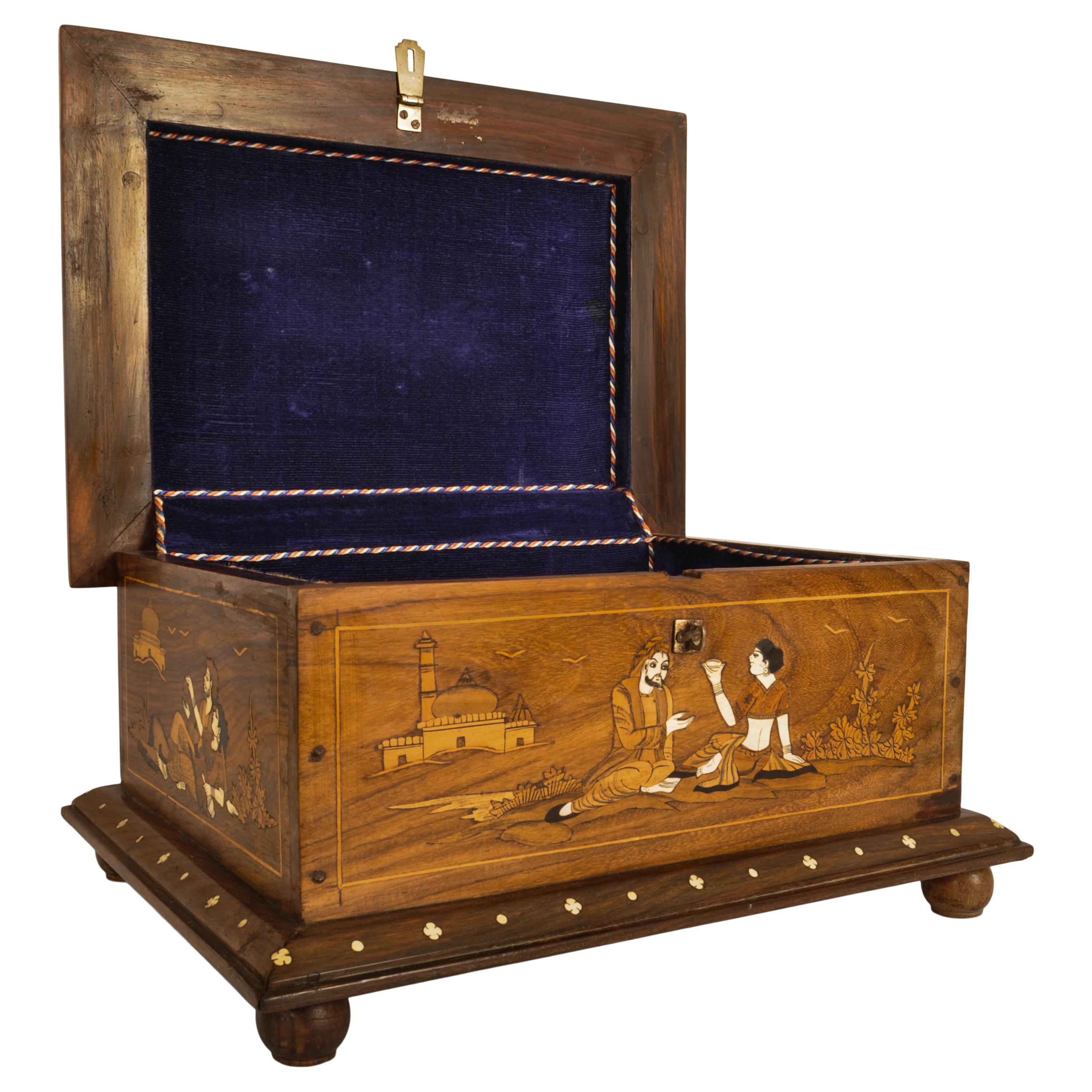 Vintage Hindu Indian Punjab Inlaid Marquetry Rosewood & Bone Jewelry Box