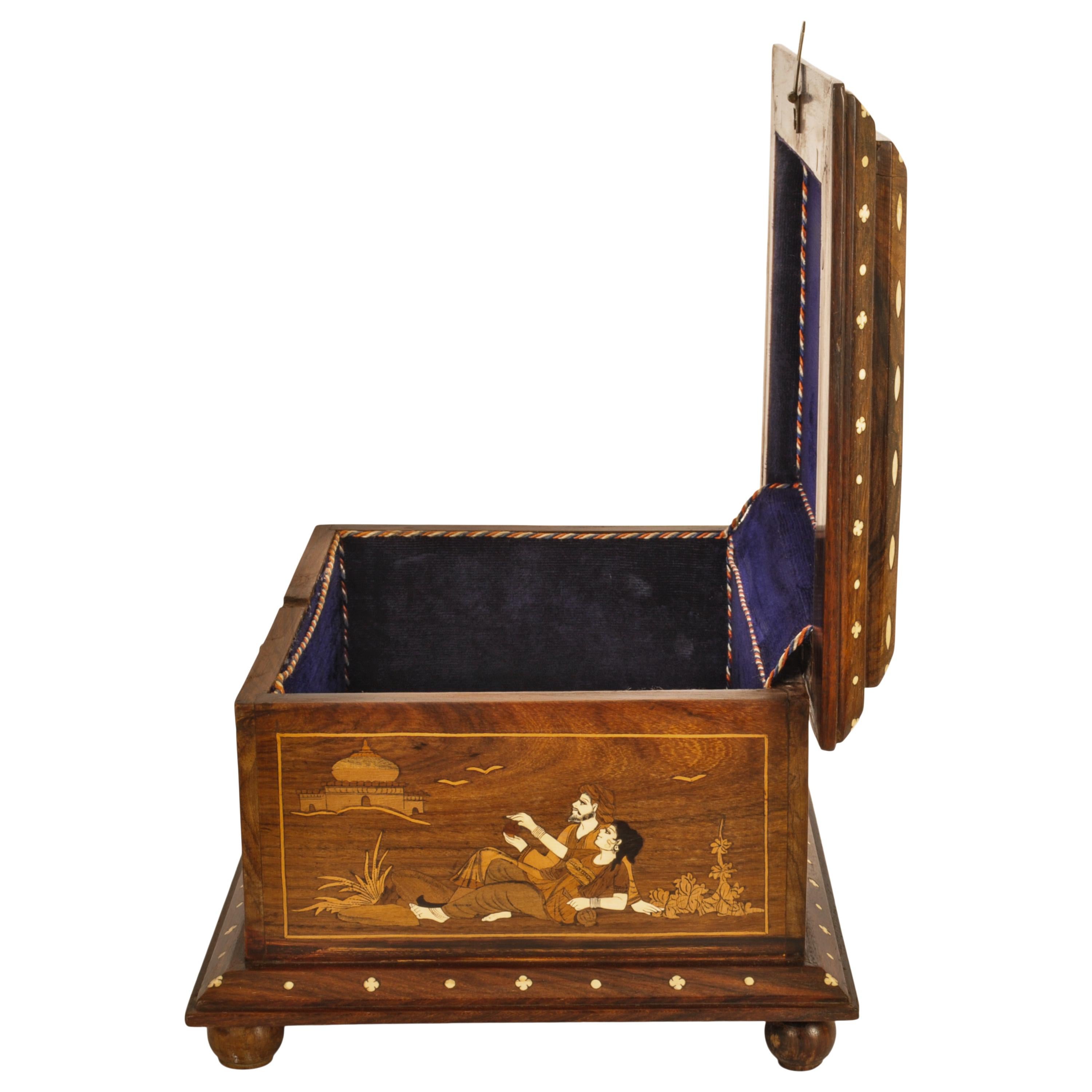 Vintage Hindu Indian Punjab Inlaid Marquetry Rosewood & Bone Jewelry Box
