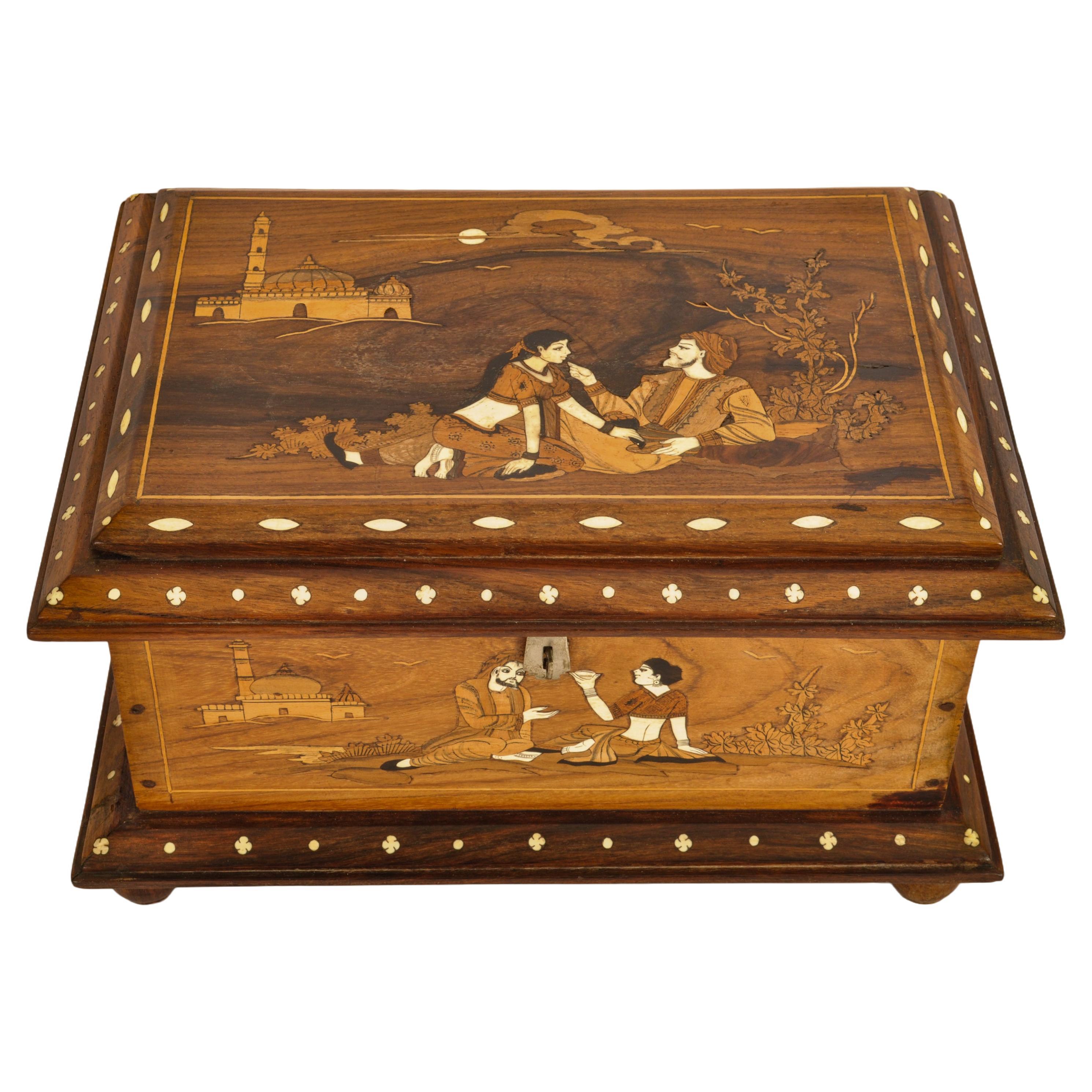 Vintage Hindu Indian Punjab Inlaid Marquetry Rosewood & Bone Jewelry Box