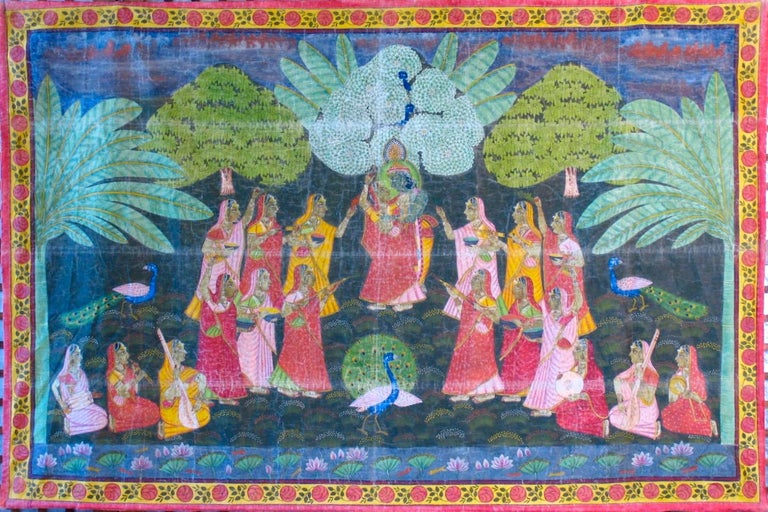 Vintage Hindu Indian Temple Festival Painted Wall Hanging For Sale at