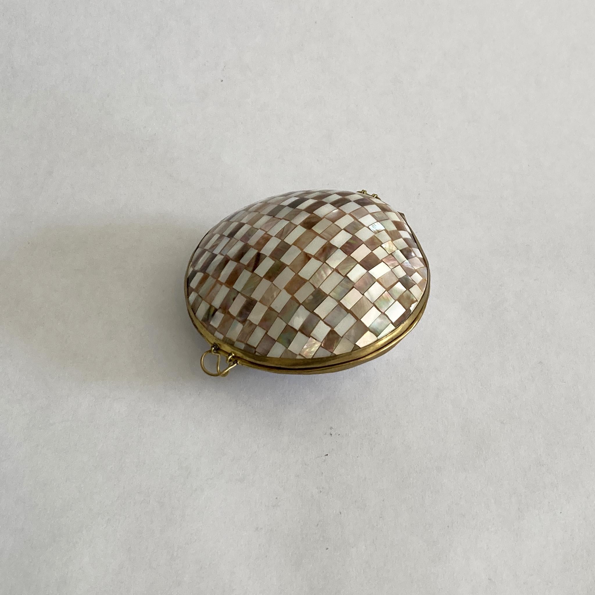 Mid-Century Modern Vintage Hinged Seashell Box, in Checkerboard Mother of Pearl Mosaic, Brass Trim