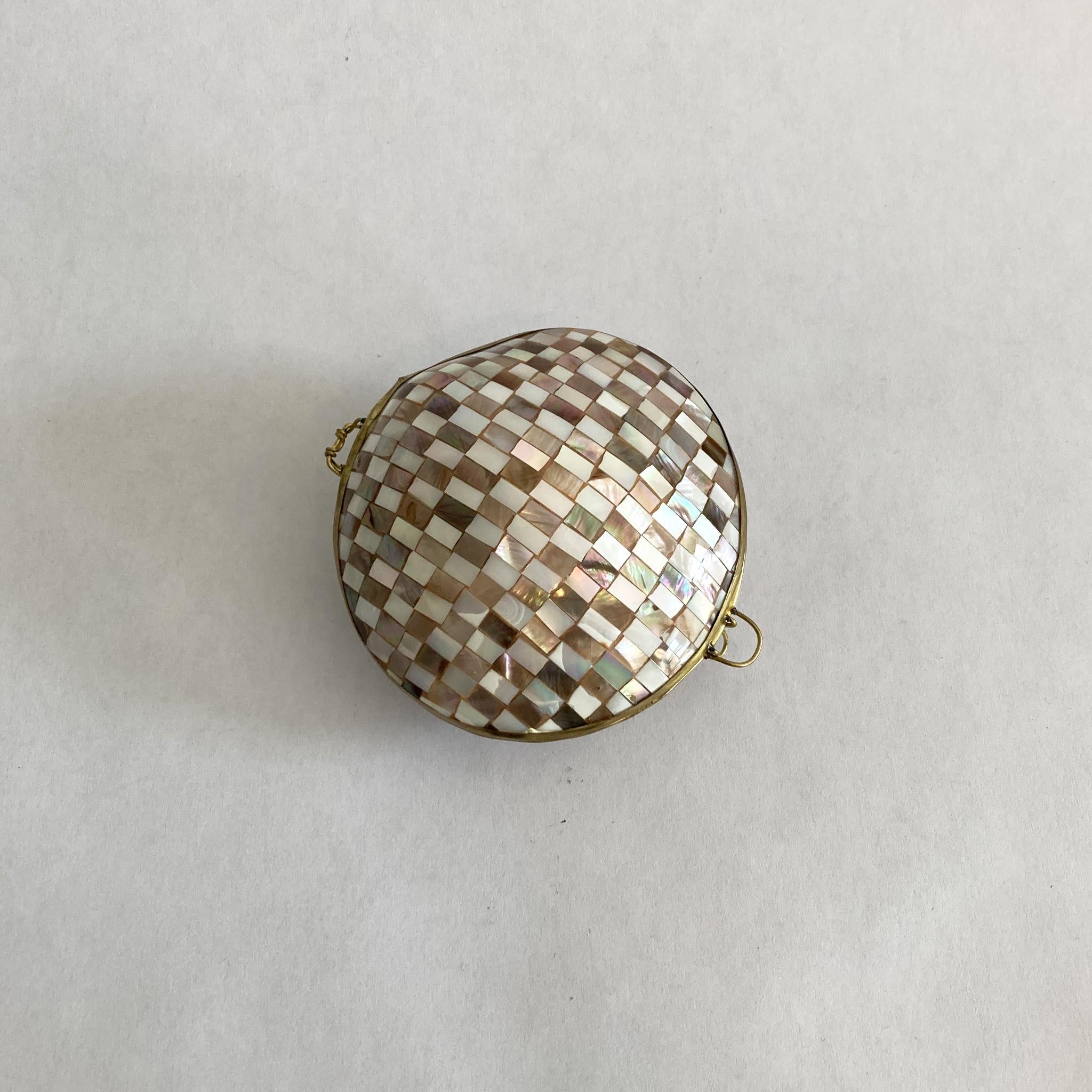 Unknown Vintage Hinged Seashell Box, in Checkerboard Mother of Pearl Mosaic, Brass Trim