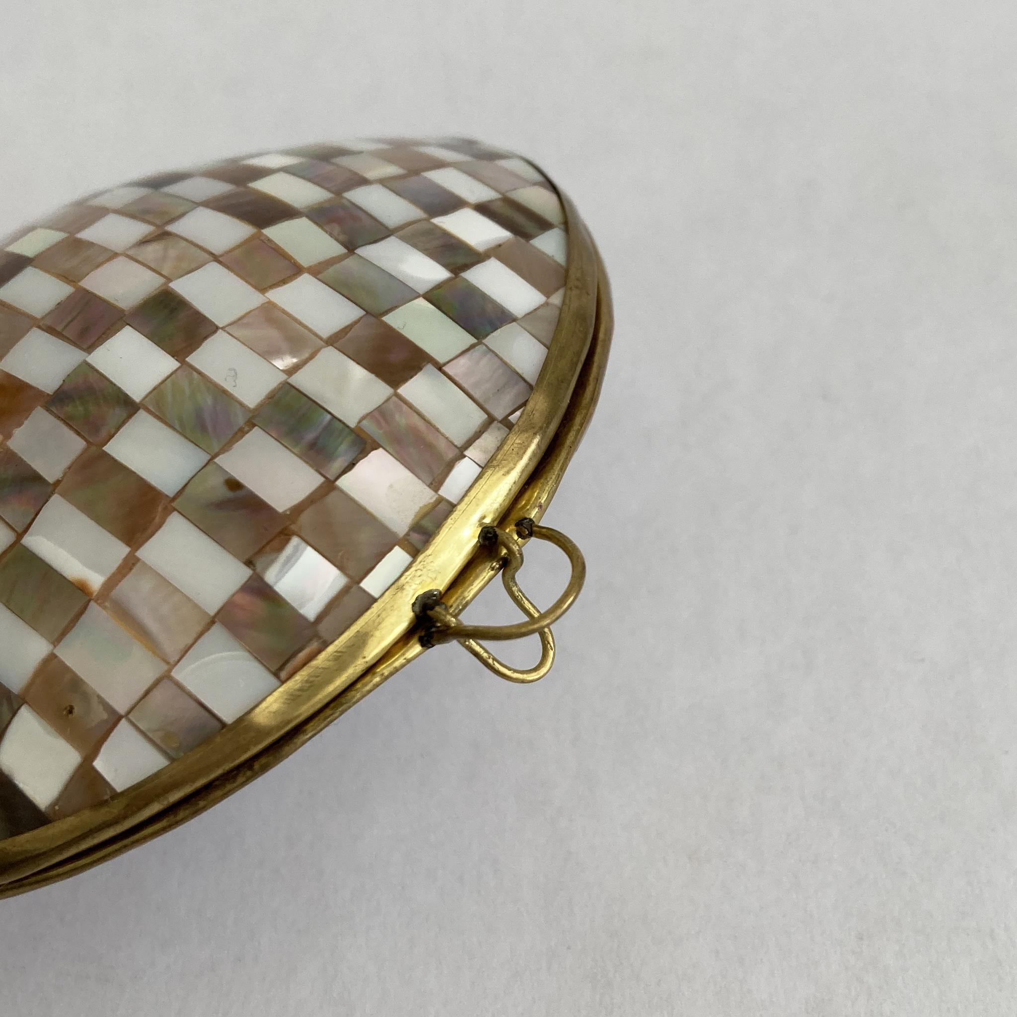 Vintage Hinged Seashell Box, in Checkerboard Mother of Pearl Mosaic, Brass Trim 1