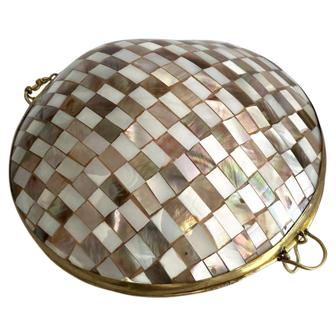 Vintage Hinged Seashell Box, in Checkerboard Mother of Pearl Mosaic, Brass Trim