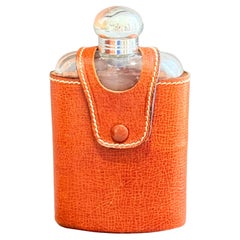 Vintage Hip Flask Leather-Cased Glass with Silver-Tone Mounts, Gentleman’s Trave