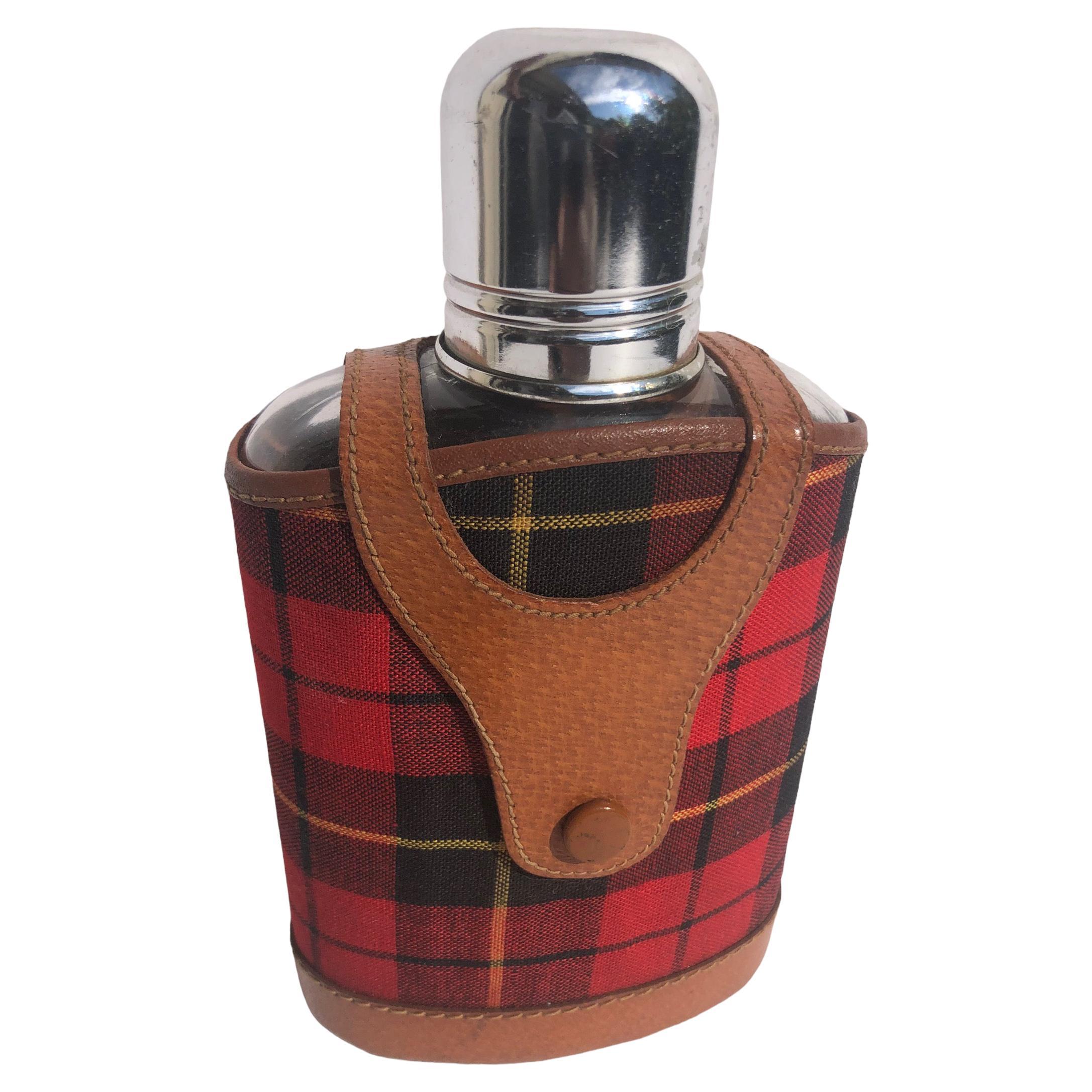 Vintage Hip Flask with Tartan and Leather Cover  For Sale