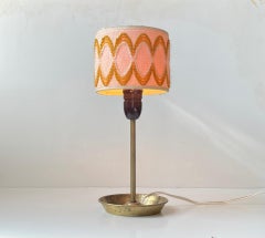 Vintage Hippie Table Lamp with Ashtray Brass Base & Wool Shade, 1970s