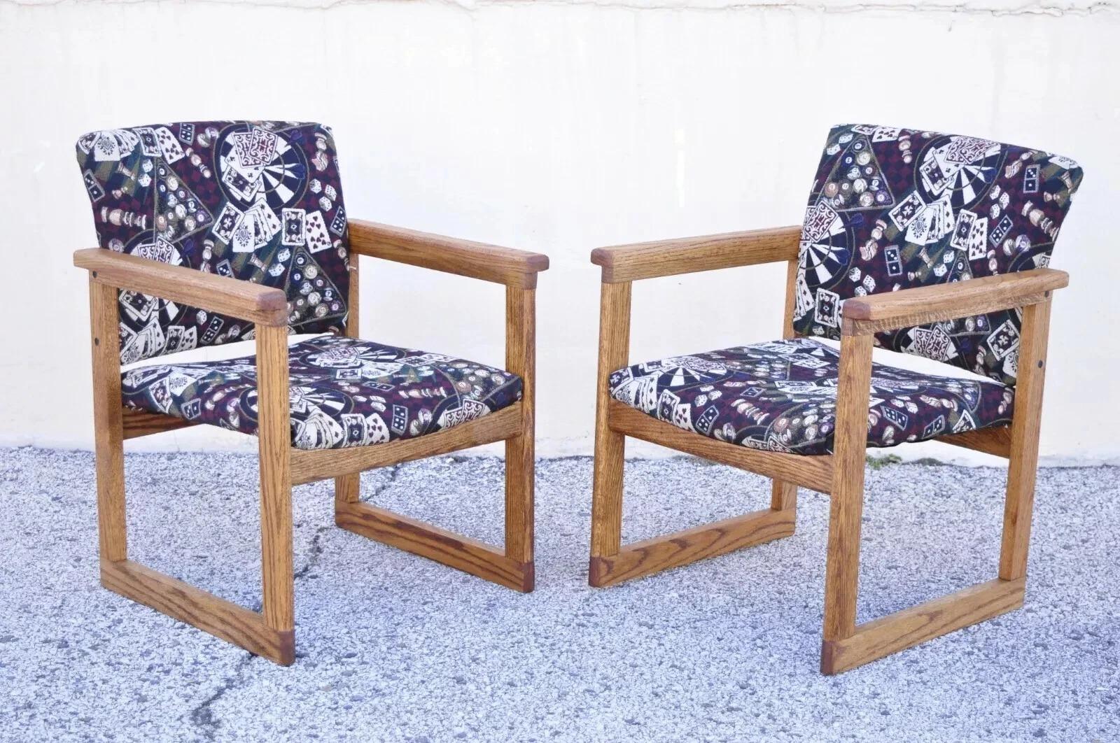 Vintage Hippopotamus Spectator Casino Billiards Oak Game Arm Chairs - Set of 4. Listing includes (4) armchairs, casino/game printed upholstery with cards, billiard, chess, dice, etc, solid wood frames, beautiful wood grain, original label, quality