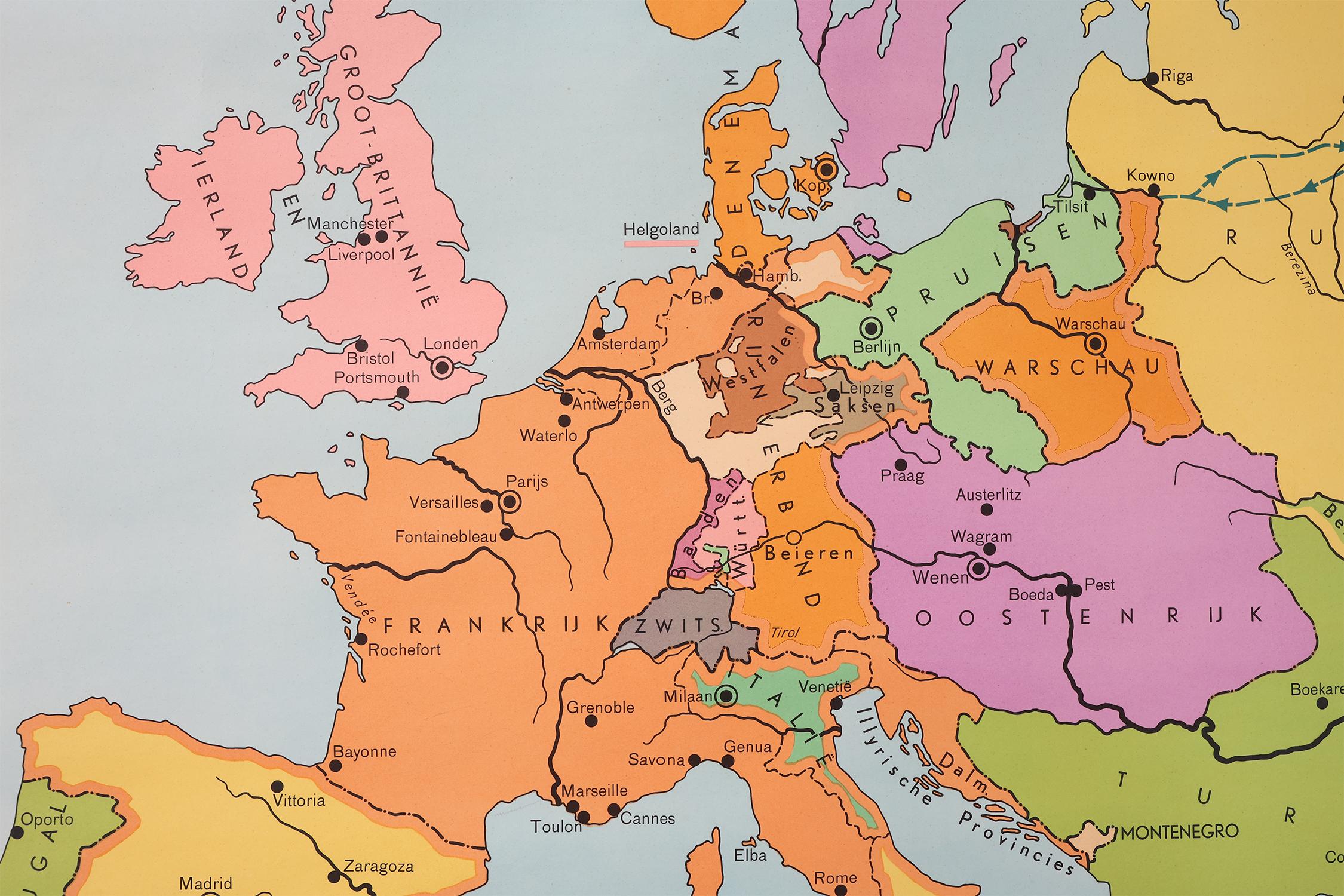 Mid-Century Modern Vintage historical wall map of Europe around 1812, Belgium 1950s For Sale